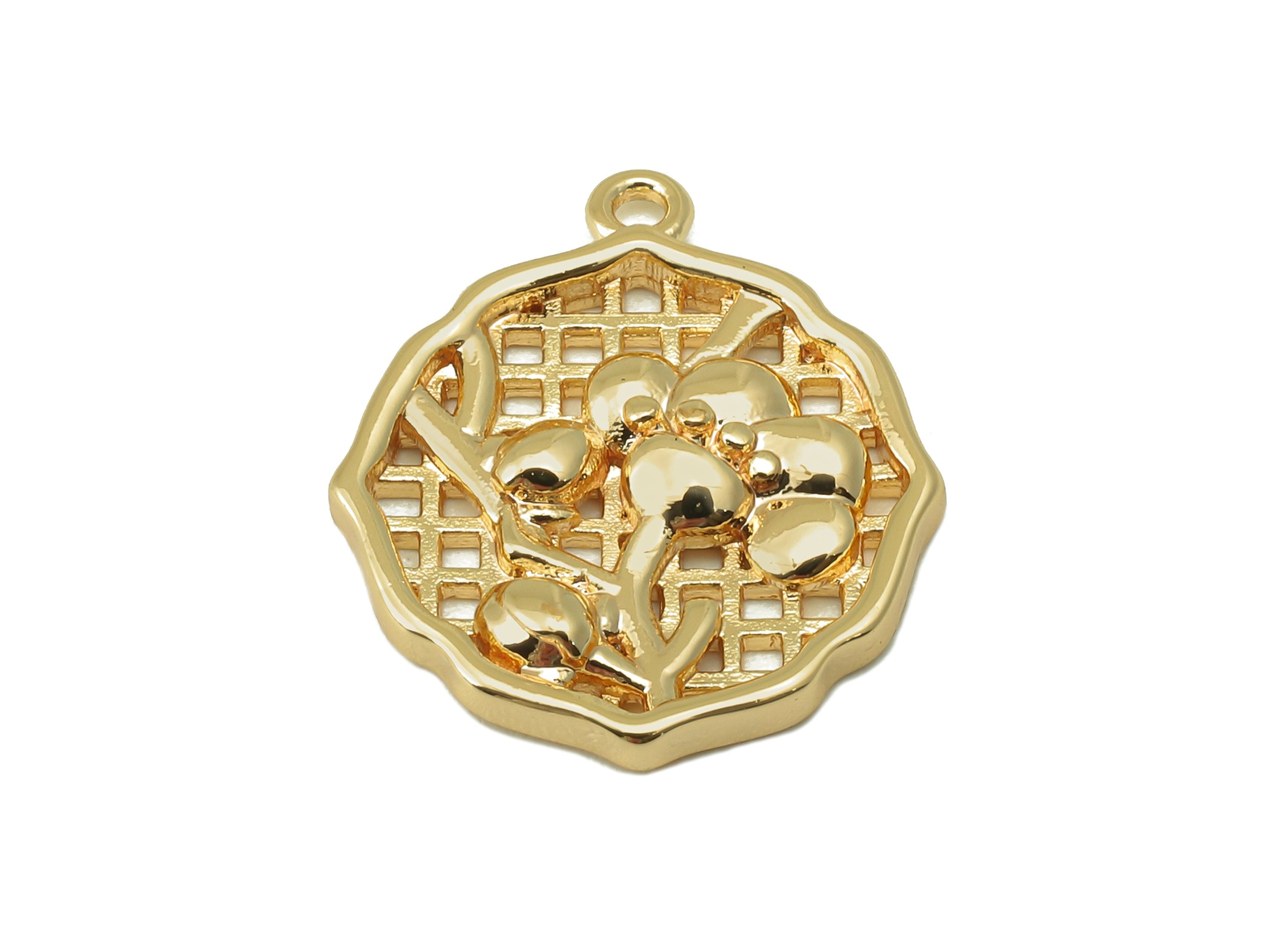 Brass Round Flower Earring - Brass Hollow Mesh Pendant - Flower Earring - For Necklace - 18K Real Gold Plated - 18.72x 16.44x 2.55mm-RGP6601 - DOMEDBAZAAR