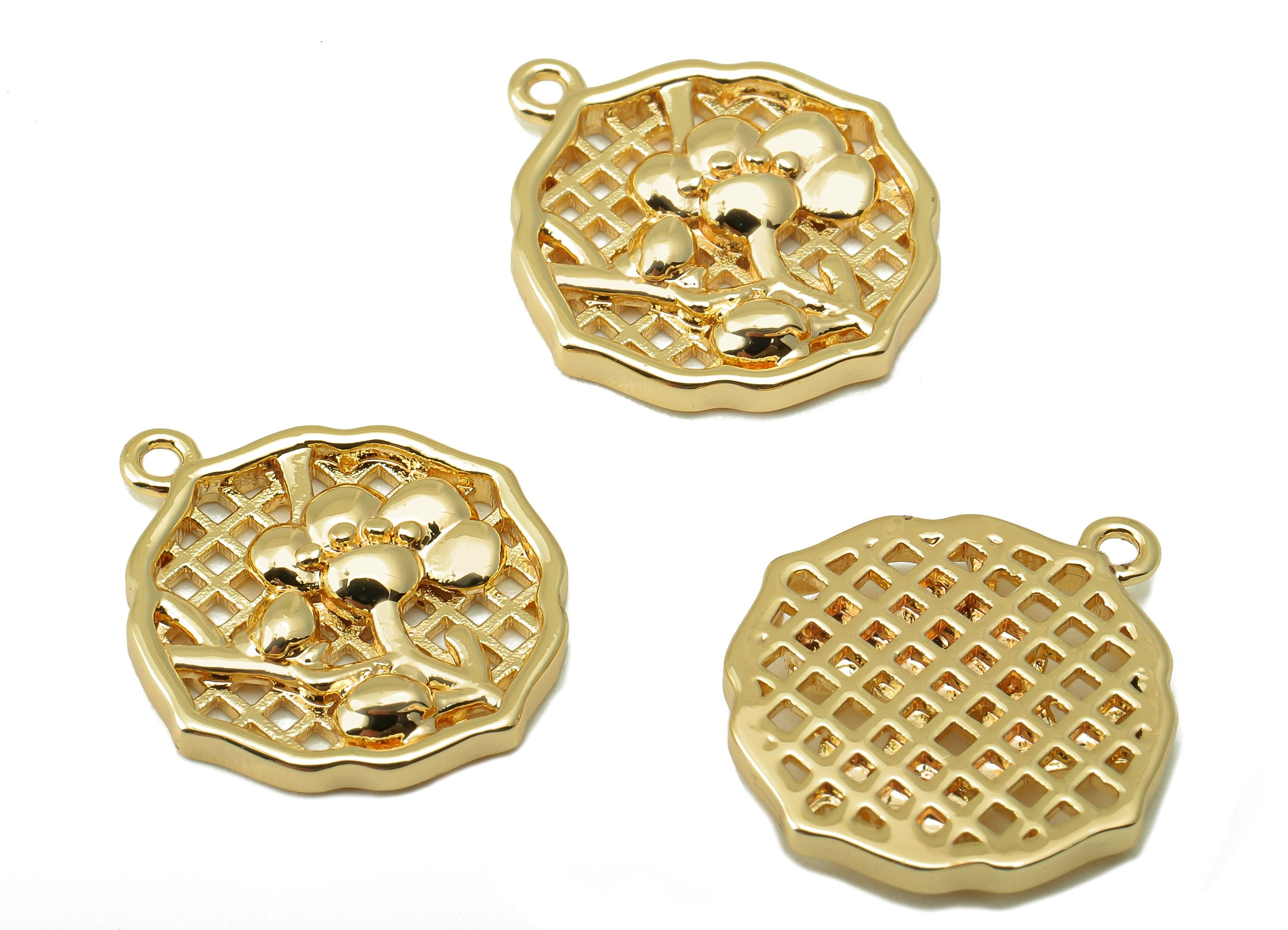 Brass Round Flower Earring - Brass Hollow Mesh Pendant - Flower Earring - For Necklace - 18K Real Gold Plated - 18.72x 16.44x 2.55mm-RGP6601 - DOMEDBAZAAR