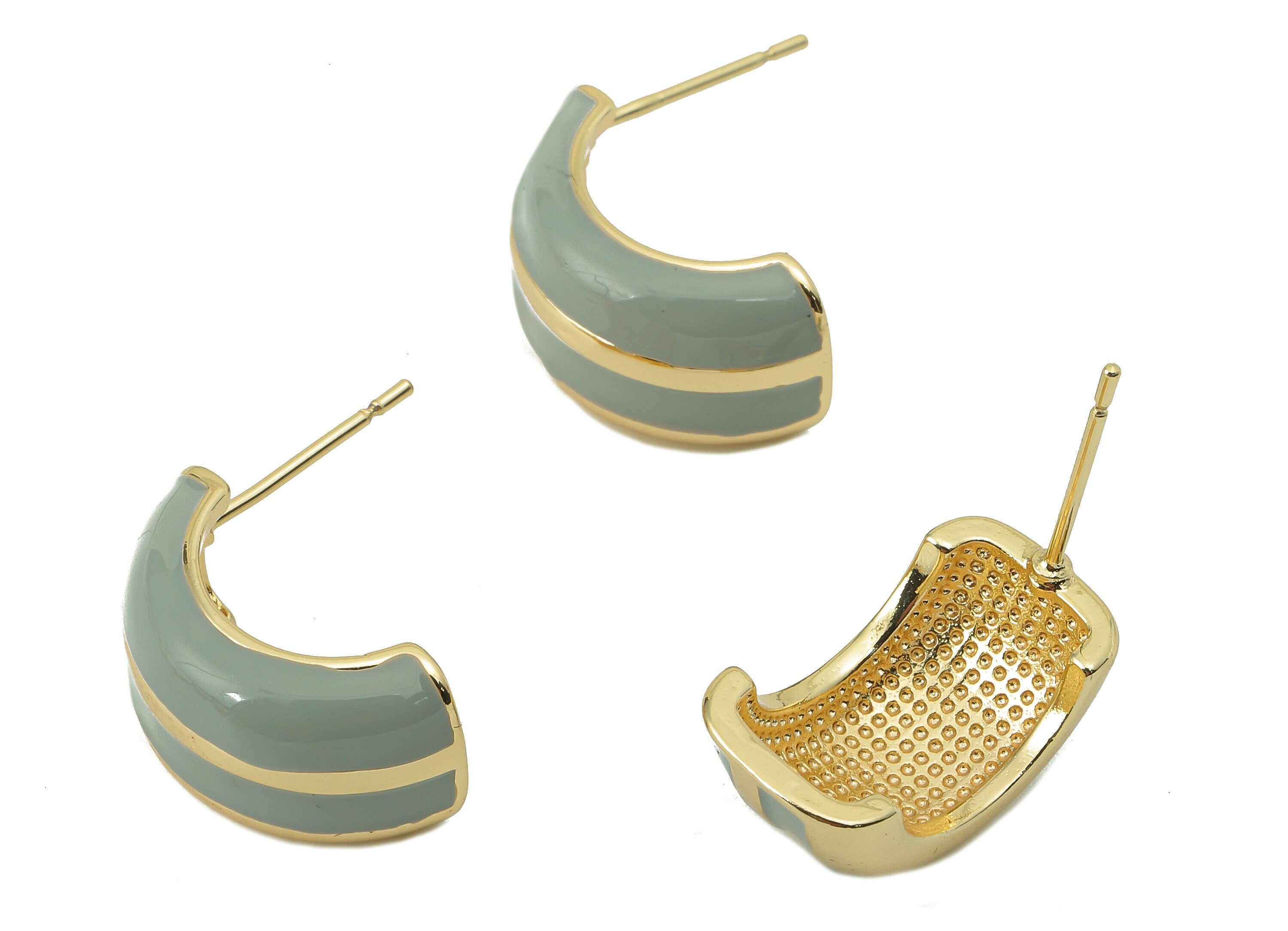 Brass C Open Hoop Earring Stud- Brass Blue Enamel C Circle Thick Open Hoop Earring Post-18K Real Gold Plating-19.74x 18.51x 1.55mm-RGP5897 - DOMEDBAZAAR