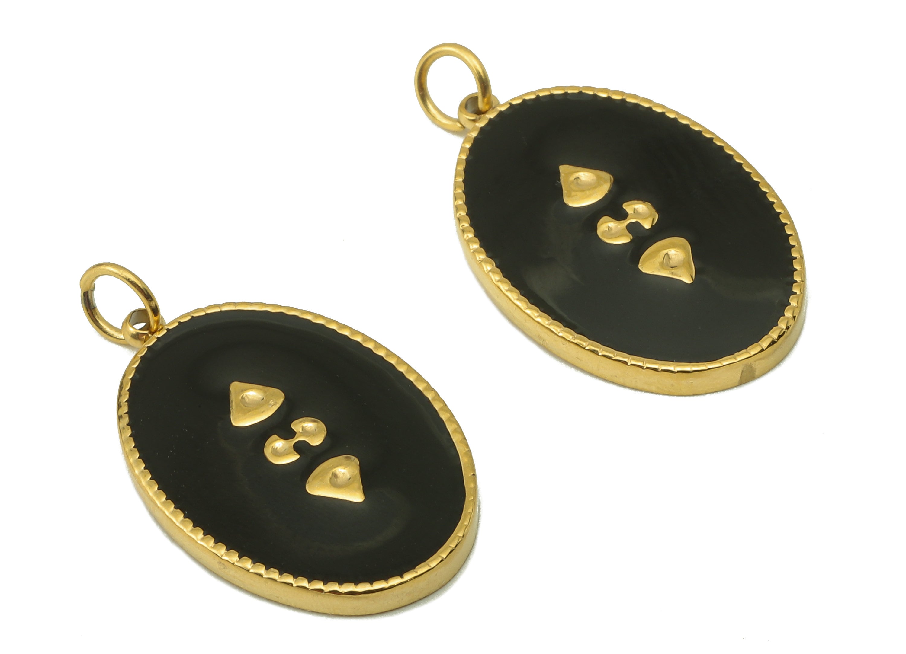 Stainless Steel Oval Charms with Loop - Black Enamel Pendant -For Necklace - 18K Real Gold Plating - 22.82x 12.91x 1.94mm-RGP5900 - DOMEDBAZAAR