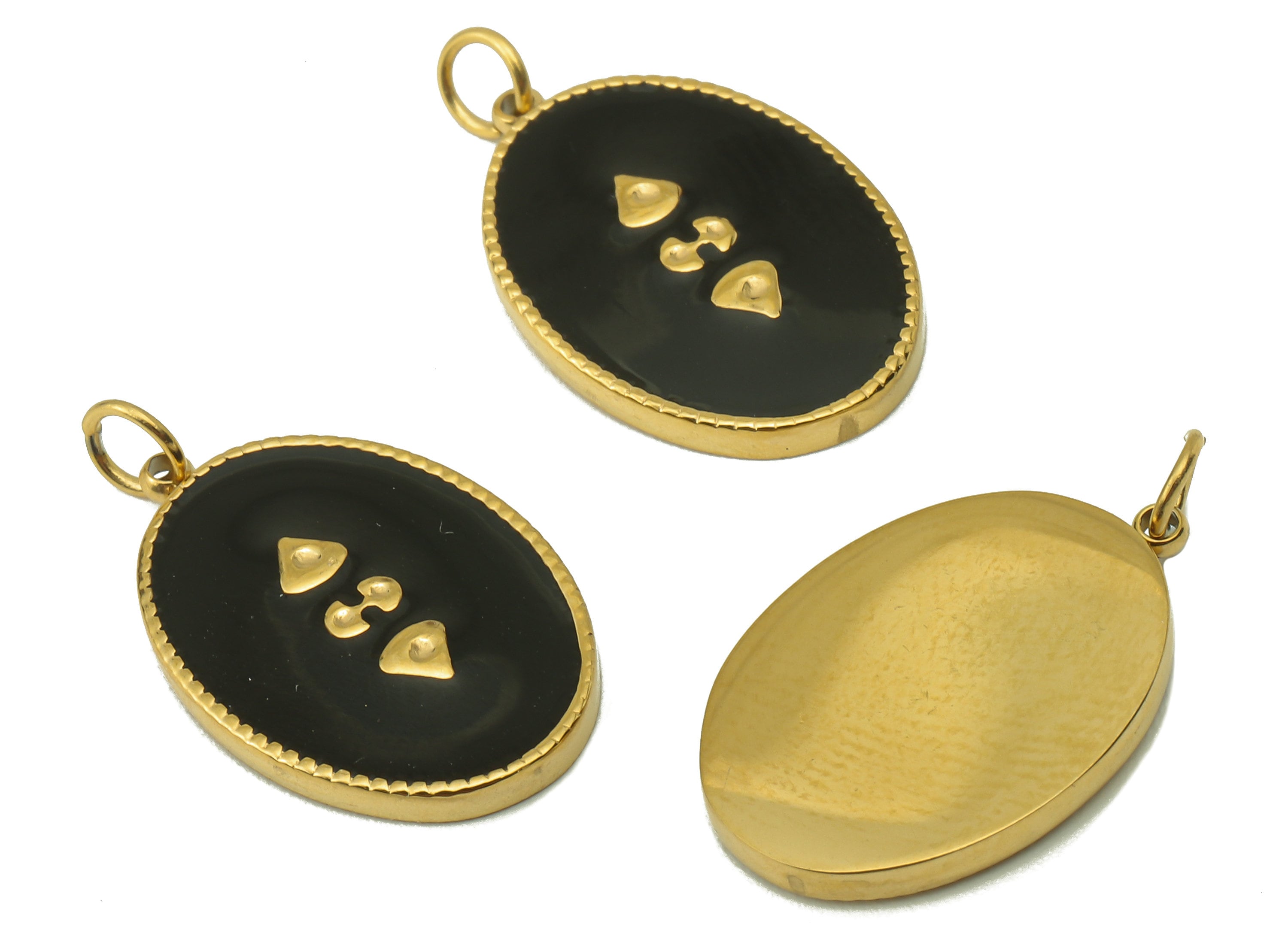 Stainless Steel Oval Charms with Loop - Black Enamel Pendant -For Necklace - 18K Real Gold Plating - 22.82x 12.91x 1.94mm-RGP5900 - DOMEDBAZAAR