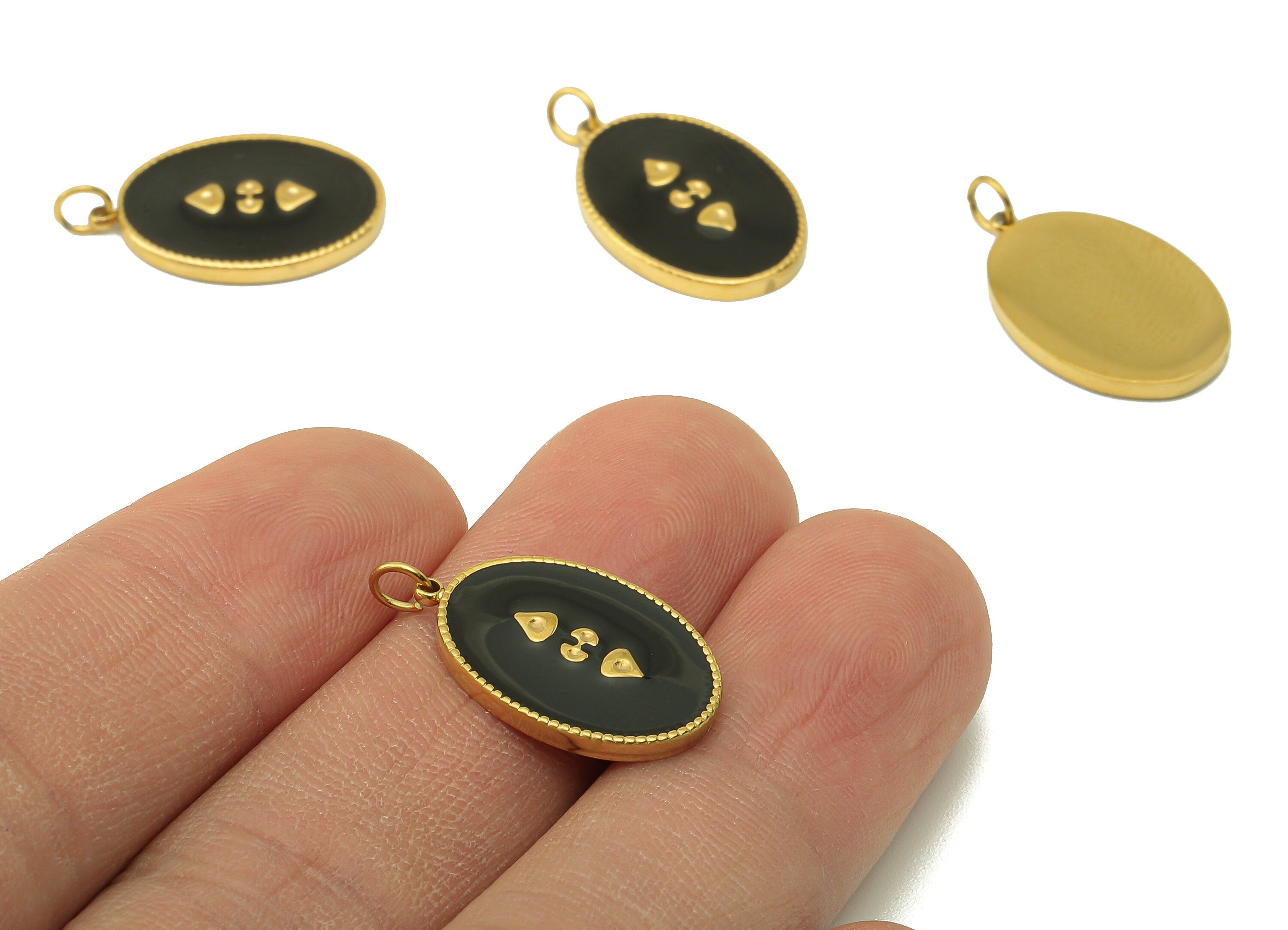 Stainless Steel Oval Charms with Loop - Black Enamel Pendant -For Necklace - 18K Real Gold Plating - 22.82x 12.91x 1.94mm-RGP5900 - DOMEDBAZAAR