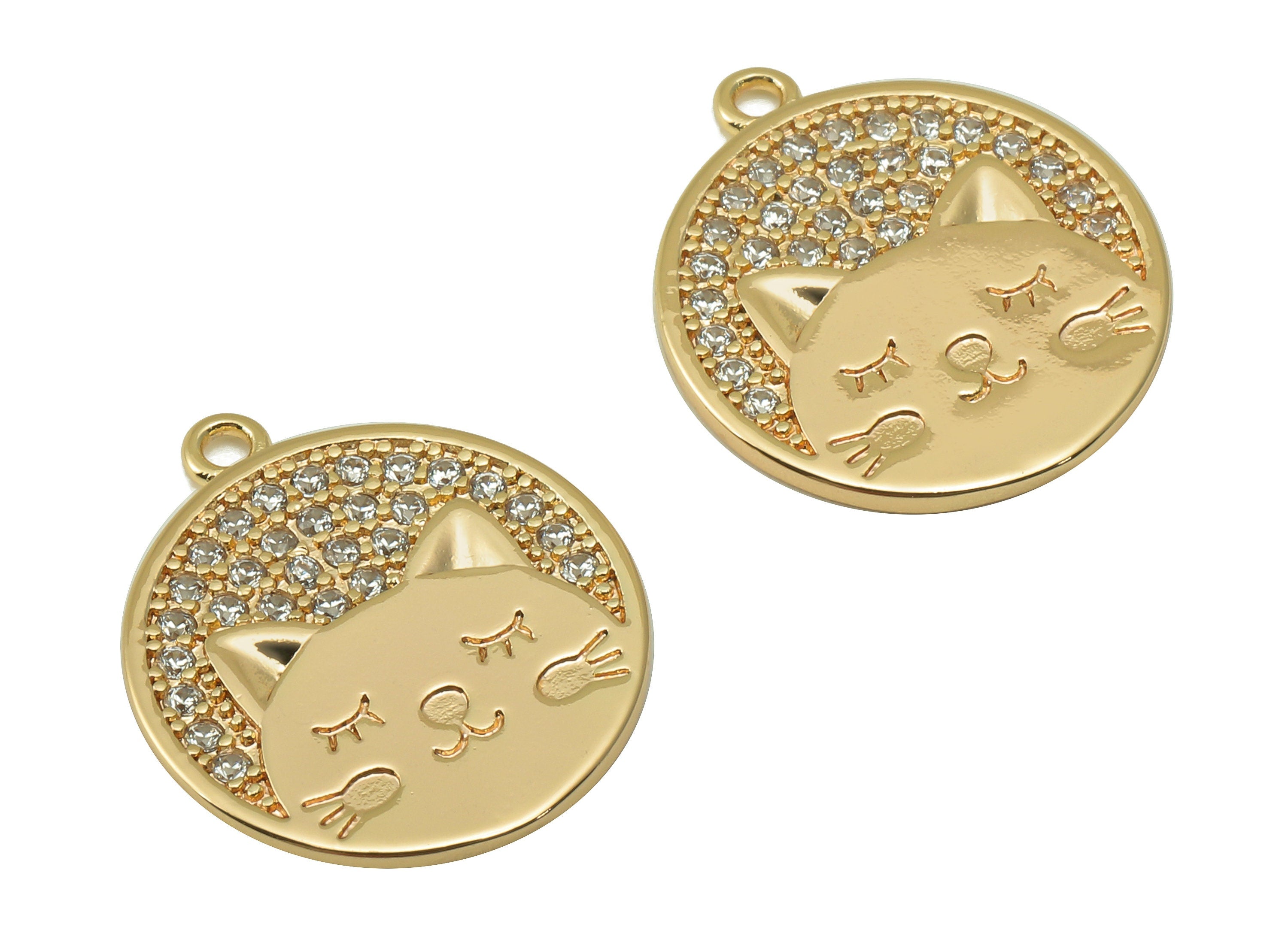 Brass Round Earring Charm - Brass Cubic Zircon Circle Cat - For Necklace - CZ Cat Pendant - Jewelry Making - 18.34x15.97x1.24mm-RGP6650 - DOMEDBAZAAR