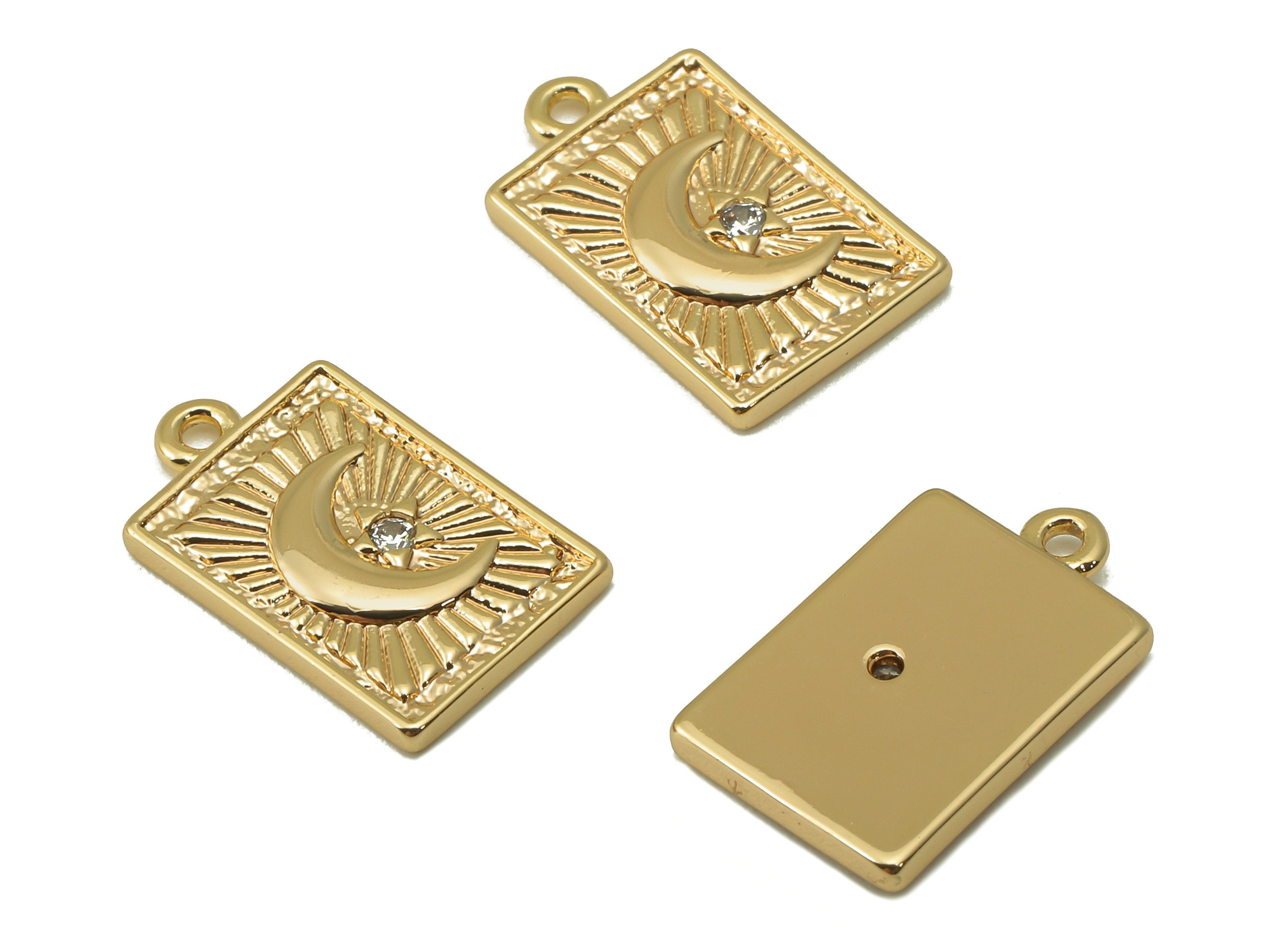Brass Rectangle Earring - Brass Cubic Zircon Moon Star Pendant - For Necklace - CZ Crescent Earring - Jewelry Making - 14x8.7x1.4mm-RGP66654 - DOMEDBAZAAR