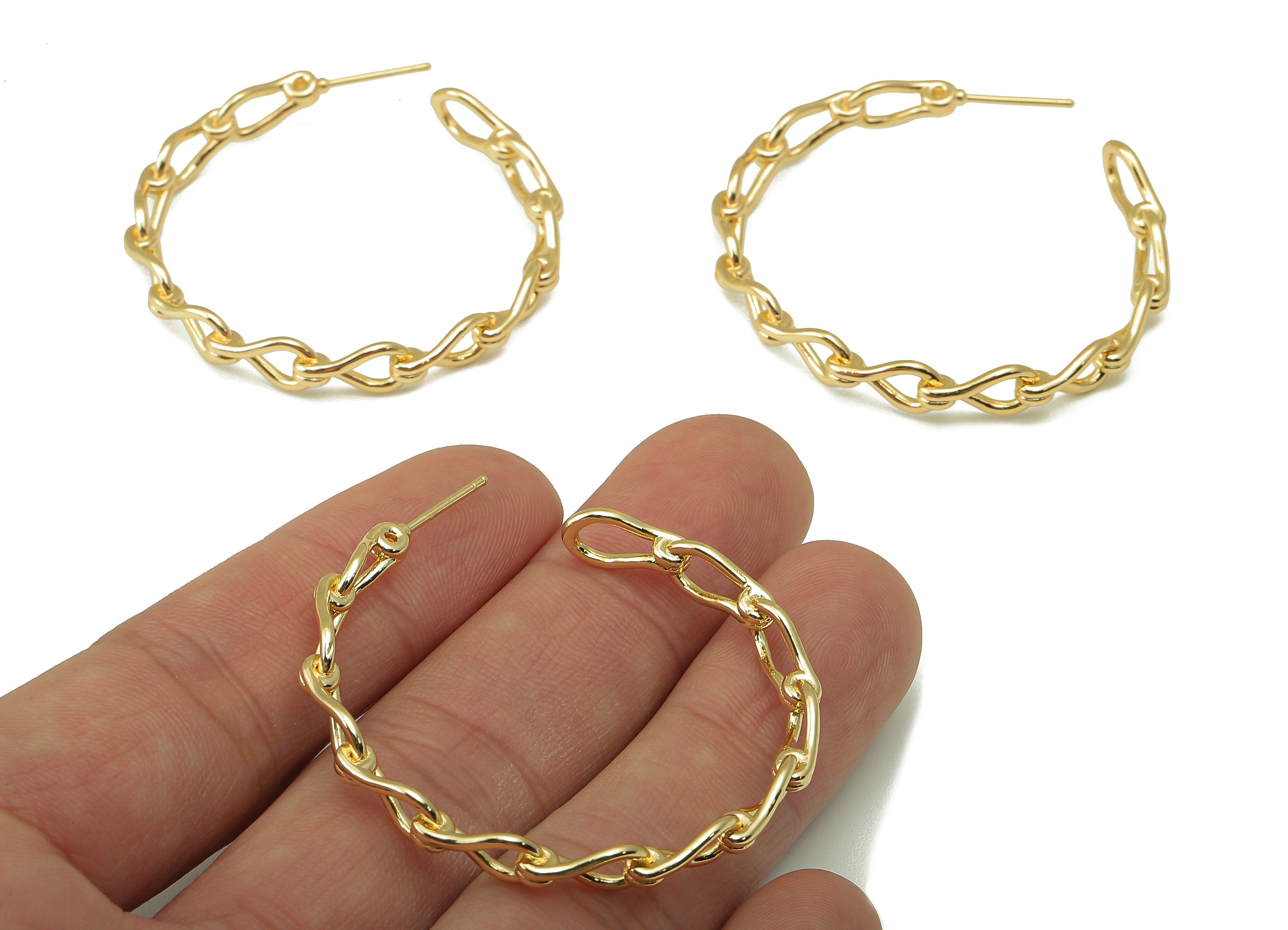 Brass Chain Wire Earrings - Open Hoop Earring Stud - Flexible Twist Chain Stud Earring - 18k real gold-plated brass- 45x46x2mm- RGP6137 - DOMEDBAZAAR