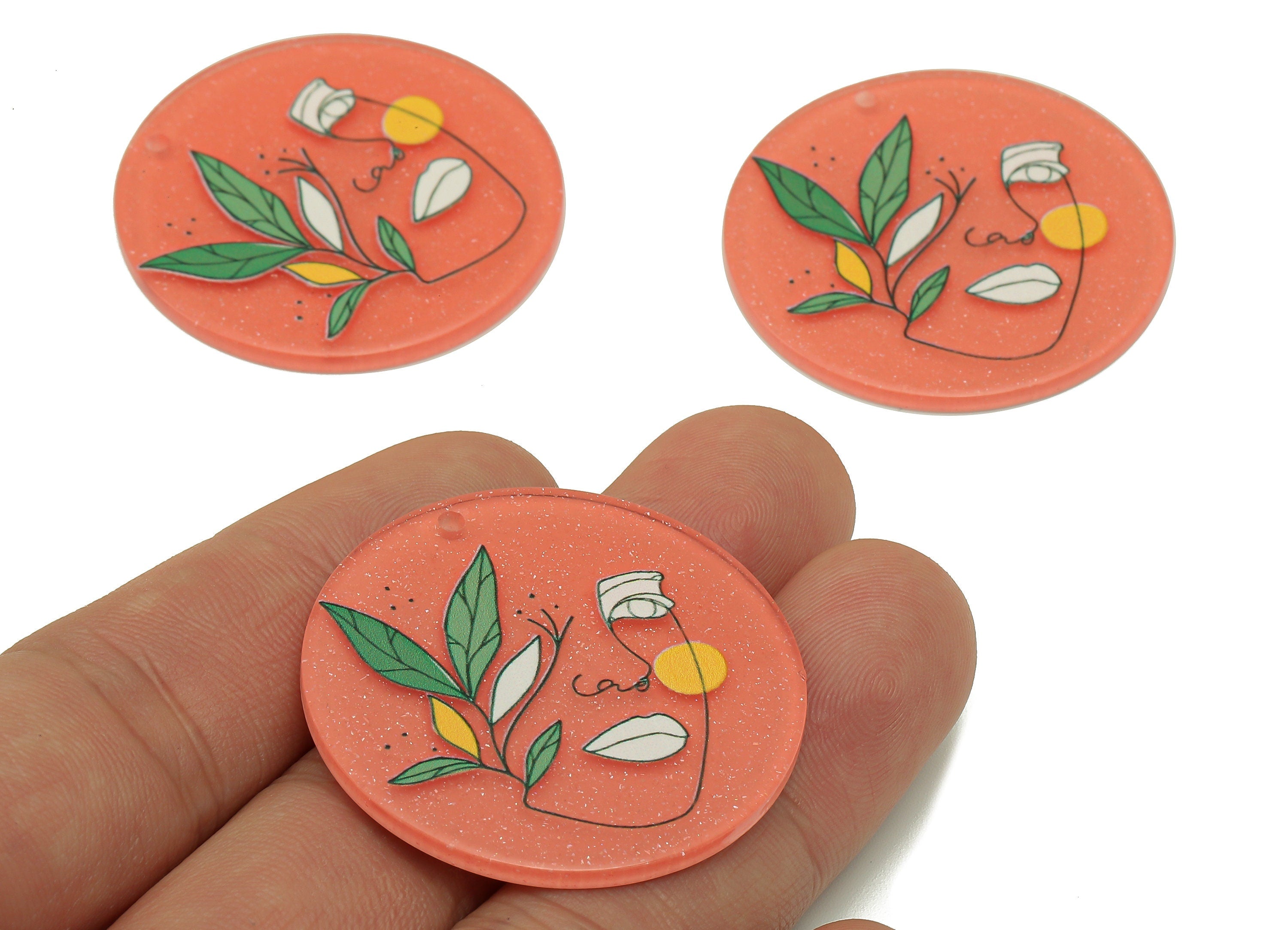 Round Abstract Bust Charm - Acrylic Portrait Pendant Charm - Circle leaf Earring - Jewelry Making Supplies - 36.94 x 36.9 x 2.2mm - AC2599 - DOMEDBAZAAR