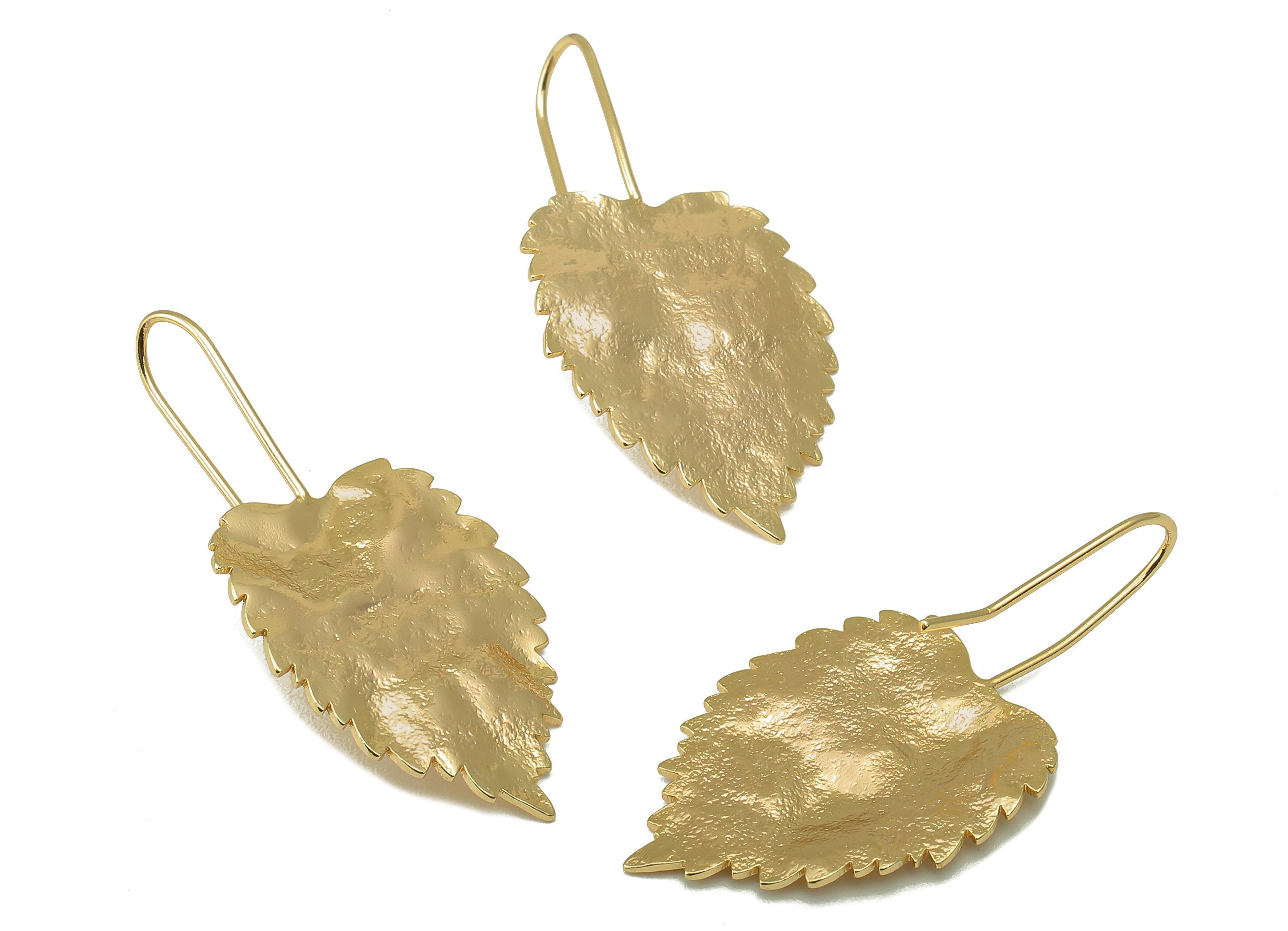 Brass Hammered Leaf Earrings - Gold Leaf Earring Wire - 18k real gold-plated brass- Plant Earring Stud - Earring Wire -39x19x1mm- RGP6140 - DOMEDBAZAAR