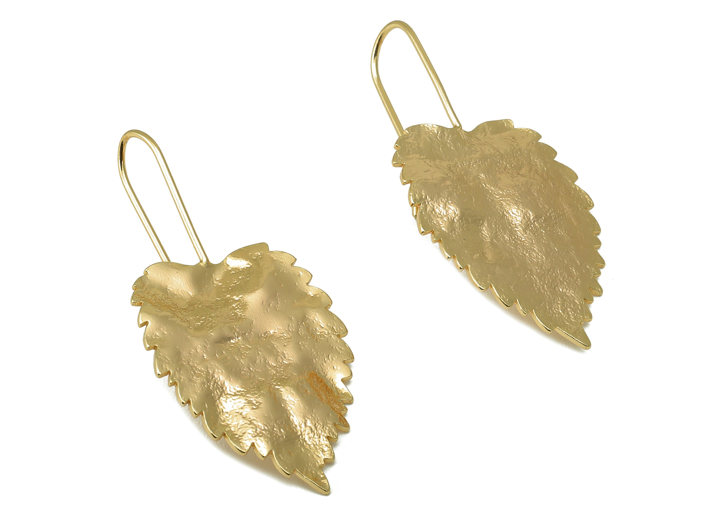 Brass Hammered Leaf Earrings - Gold Leaf Earring Wire - 18k real gold-plated brass- Plant Earring Stud - Earring Wire -39x19x1mm- RGP6140 - DOMEDBAZAAR