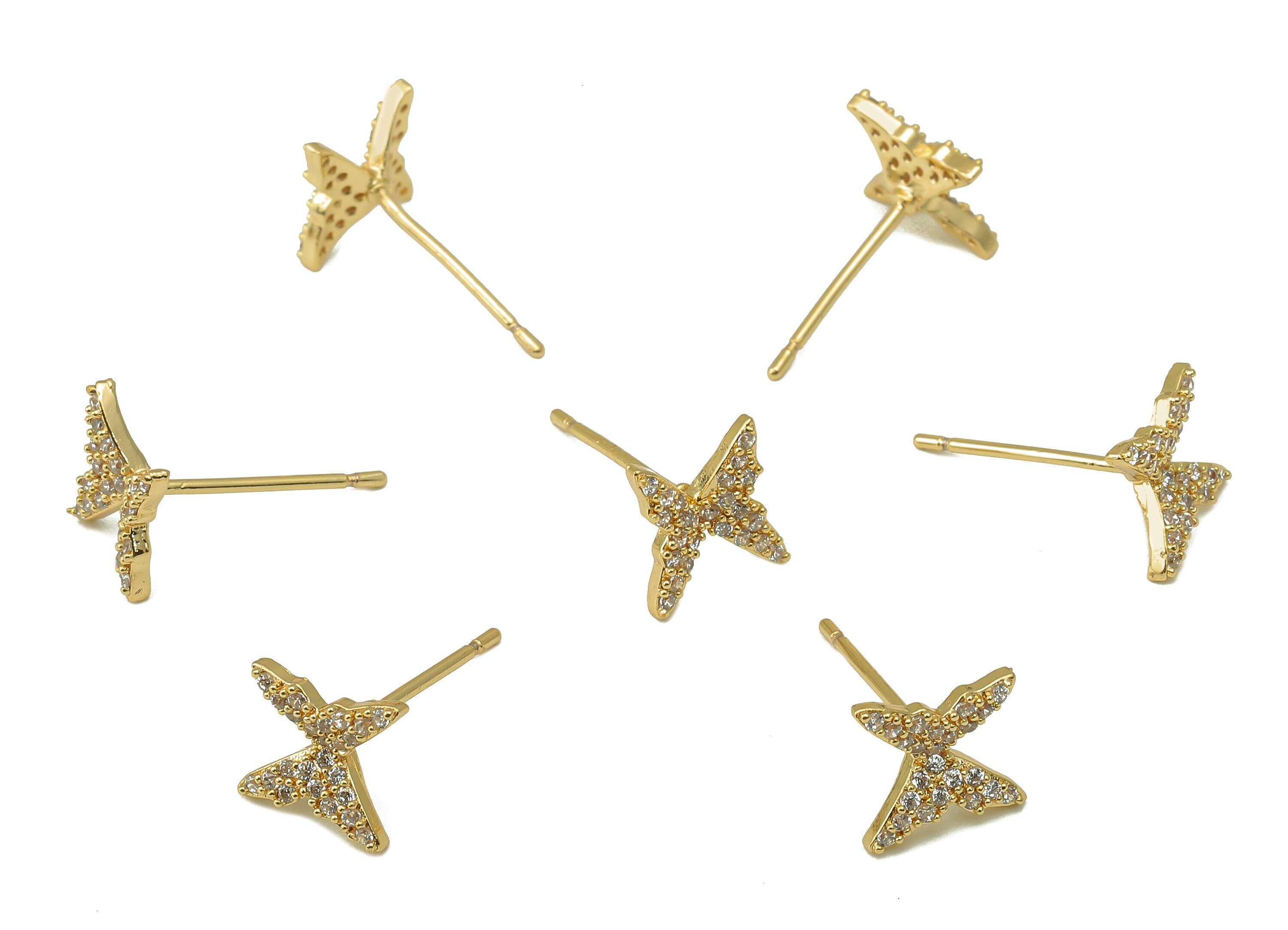 Brass Butterfly Earring Post - Gold Cubic Zirconia Exquisite Butterfly Earring Stud - 18k real gold-plated brass- 14x8x1.5mm- RGP6144 - DOMEDBAZAAR