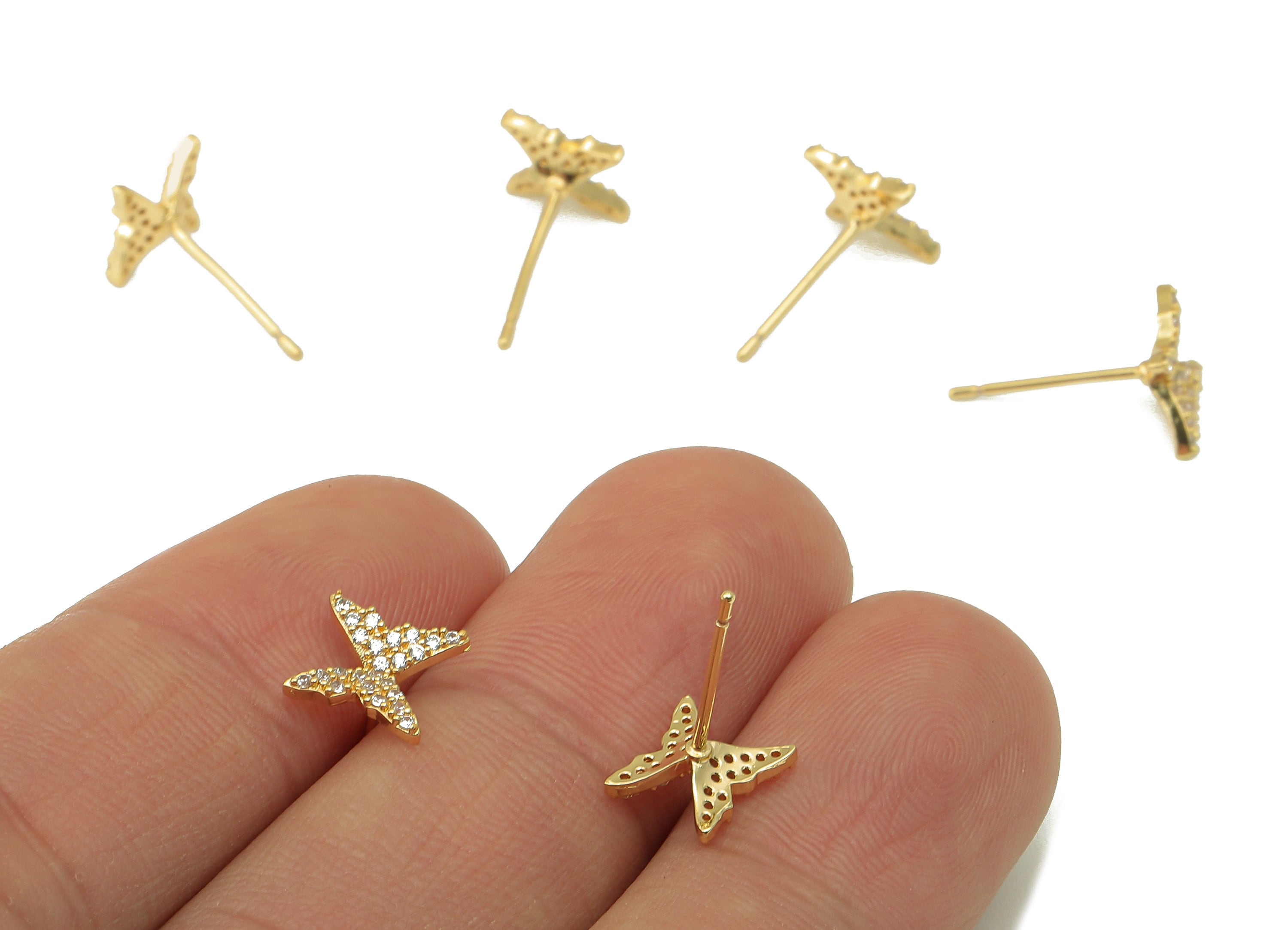 Brass Butterfly Earring Post - Gold Cubic Zirconia Exquisite Butterfly Earring Stud - 18k real gold-plated brass- 14x8x1.5mm- RGP6144 - DOMEDBAZAAR