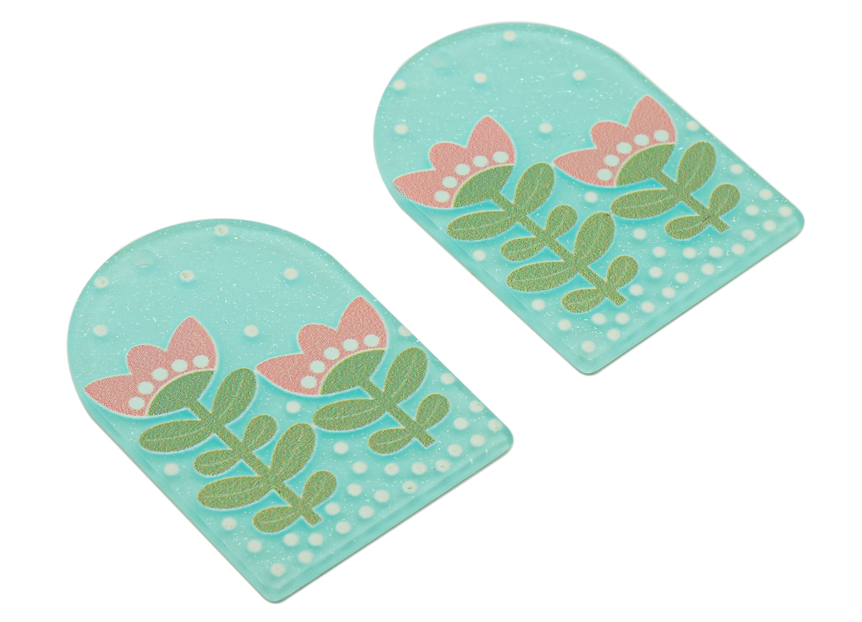 Domed Acrylic Summer Charm - Blue Tulip Pendant - Acrylic Flower Earring Charm - DIY Jewelry Making Supplies - 37.84x26.88 x1.98mm - AC2606 - DOMEDBAZAAR