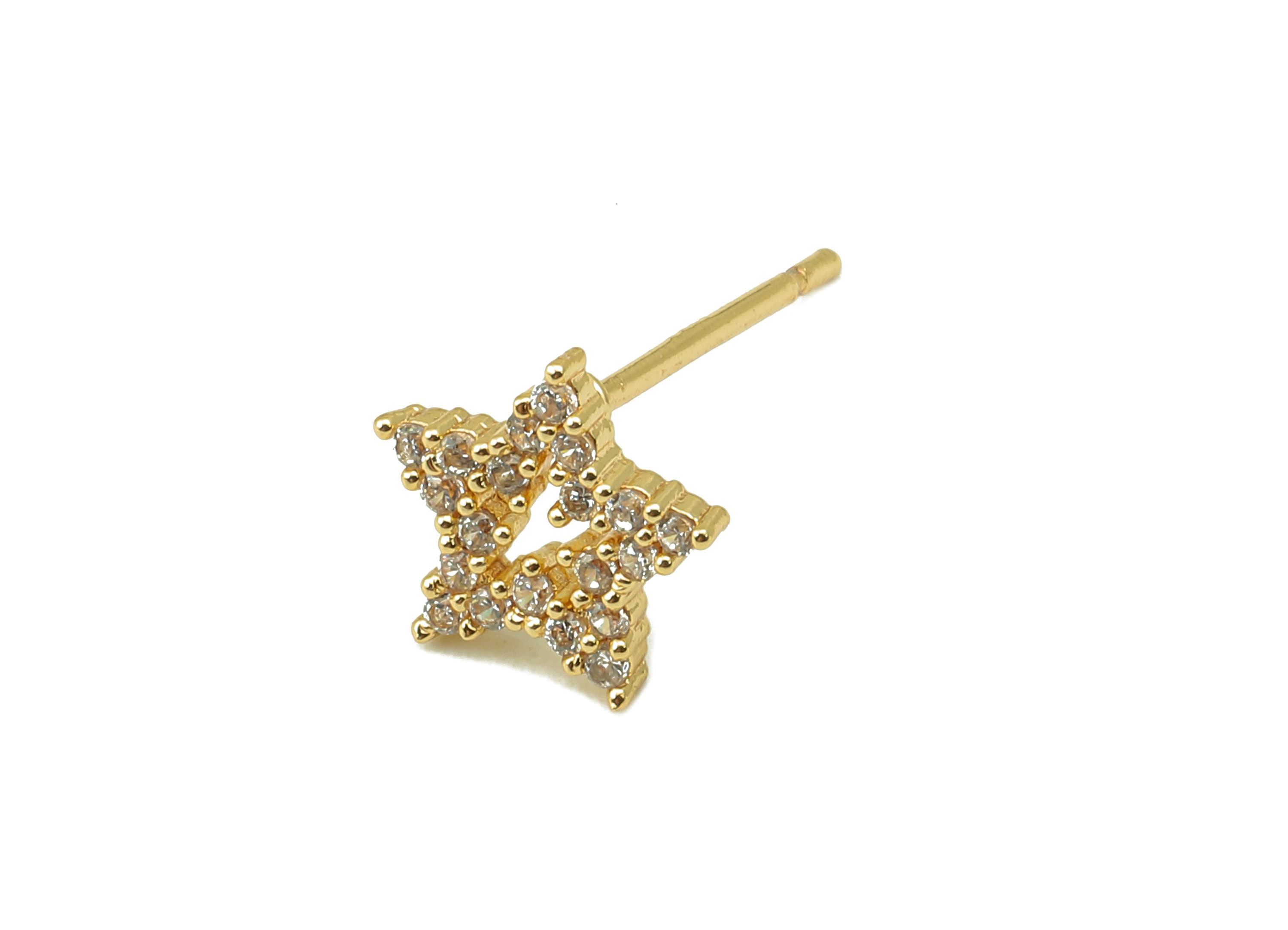 Brass Carved Star Earring Post - Gold Cubic Zirconia Exquisite Star Earring Stud - 18k real gold-plated brass- 14x8x1.4mm- RGP6145 - DOMEDBAZAAR