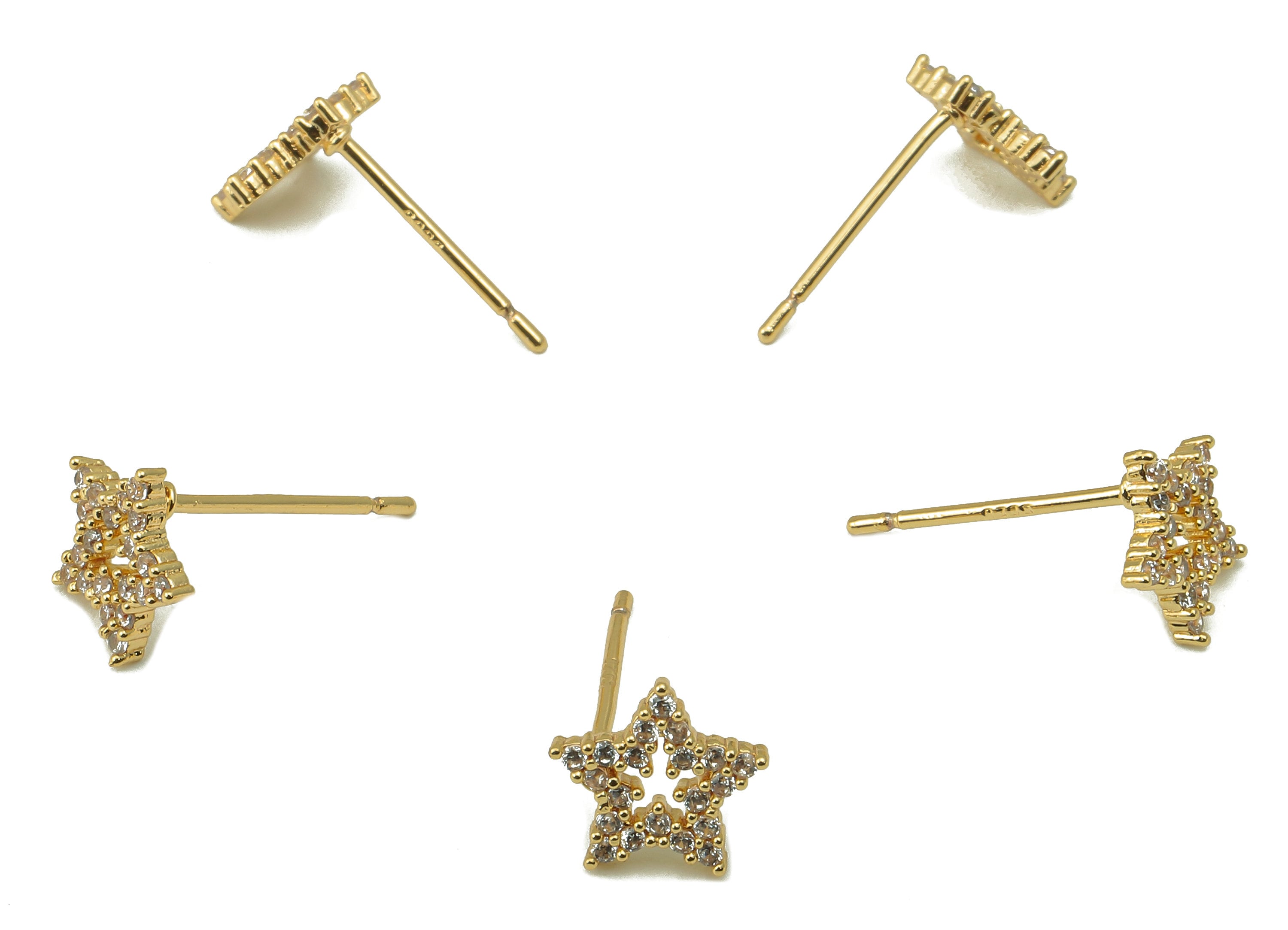 Brass Carved Star Earring Post - Gold Cubic Zirconia Exquisite Star Earring Stud - 18k real gold-plated brass- 14x8x1.4mm- RGP6145 - DOMEDBAZAAR