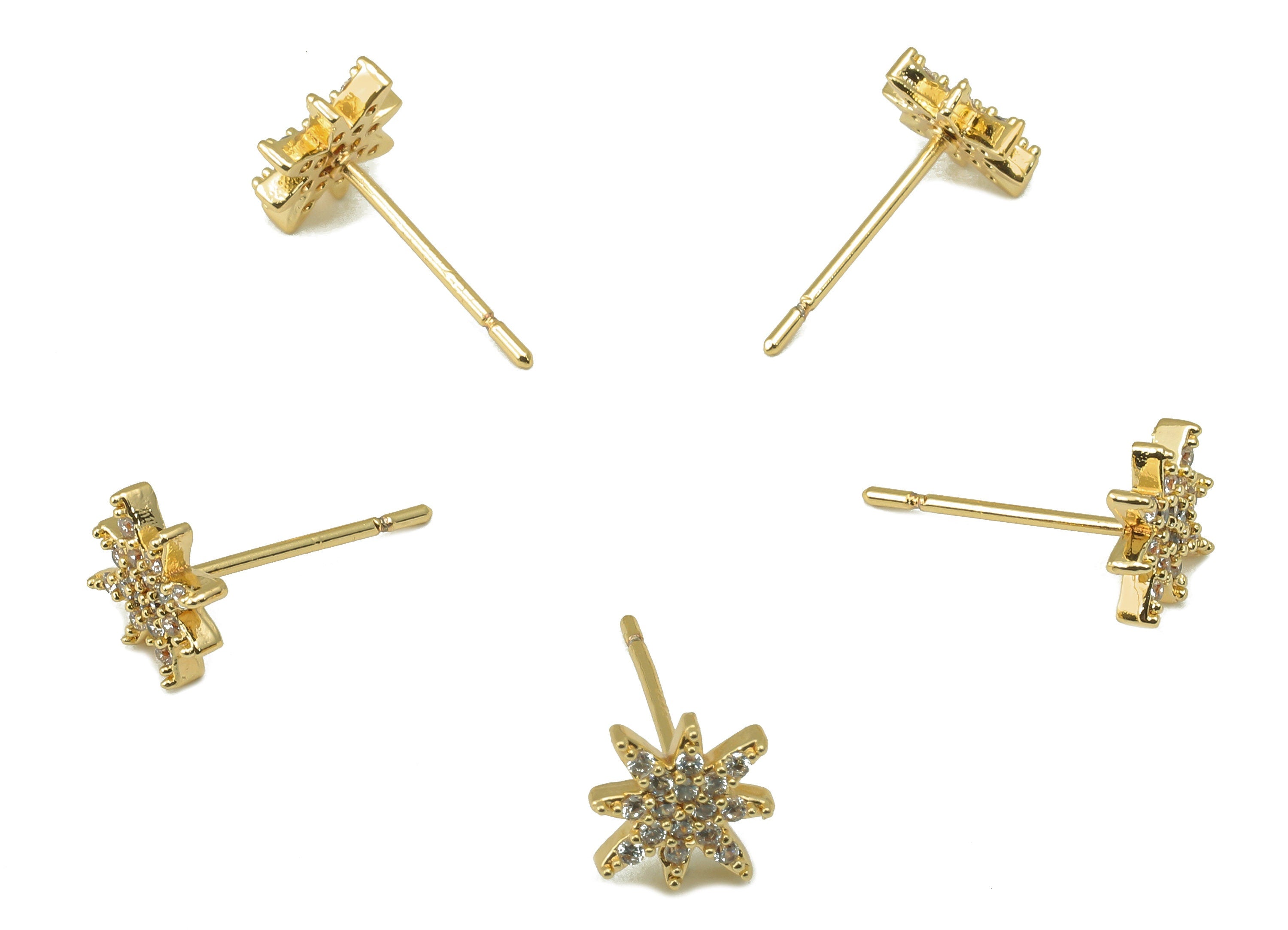 Brass Snowflake Earring Post - Gold Cubic Zirconia Flower Earring Stud -CZ Lightning Stud-18k real gold-plated brass- 14x7x2mm- RGP6146 - DOMEDBAZAAR