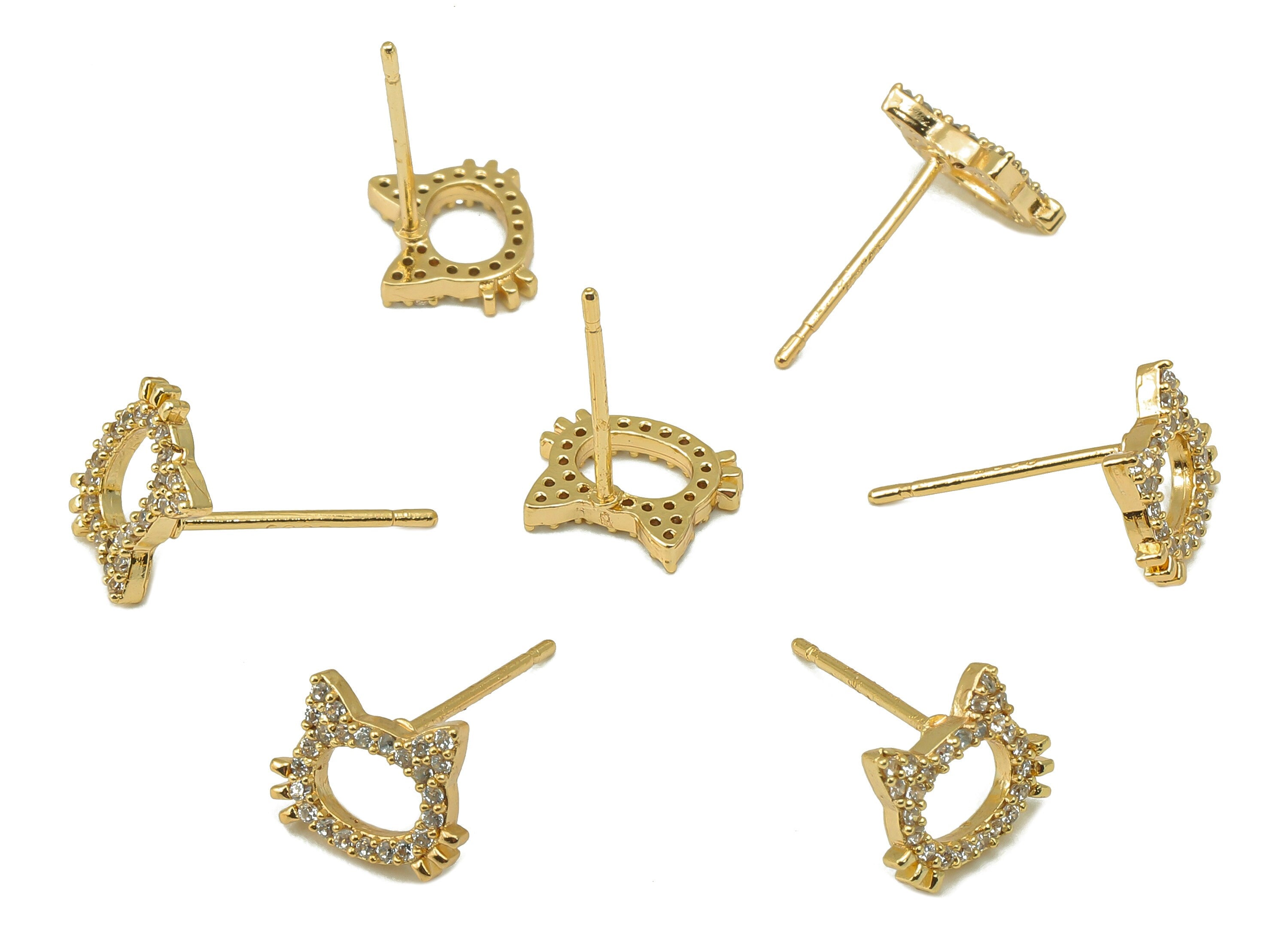 Brass Carved Cat Earring Post - Gold Cubic Zirconia Cat Earring Stud -CZ Animal Stud-18k real gold-plated brass- 9x7x2mm- RGP6147 - DOMEDBAZAAR