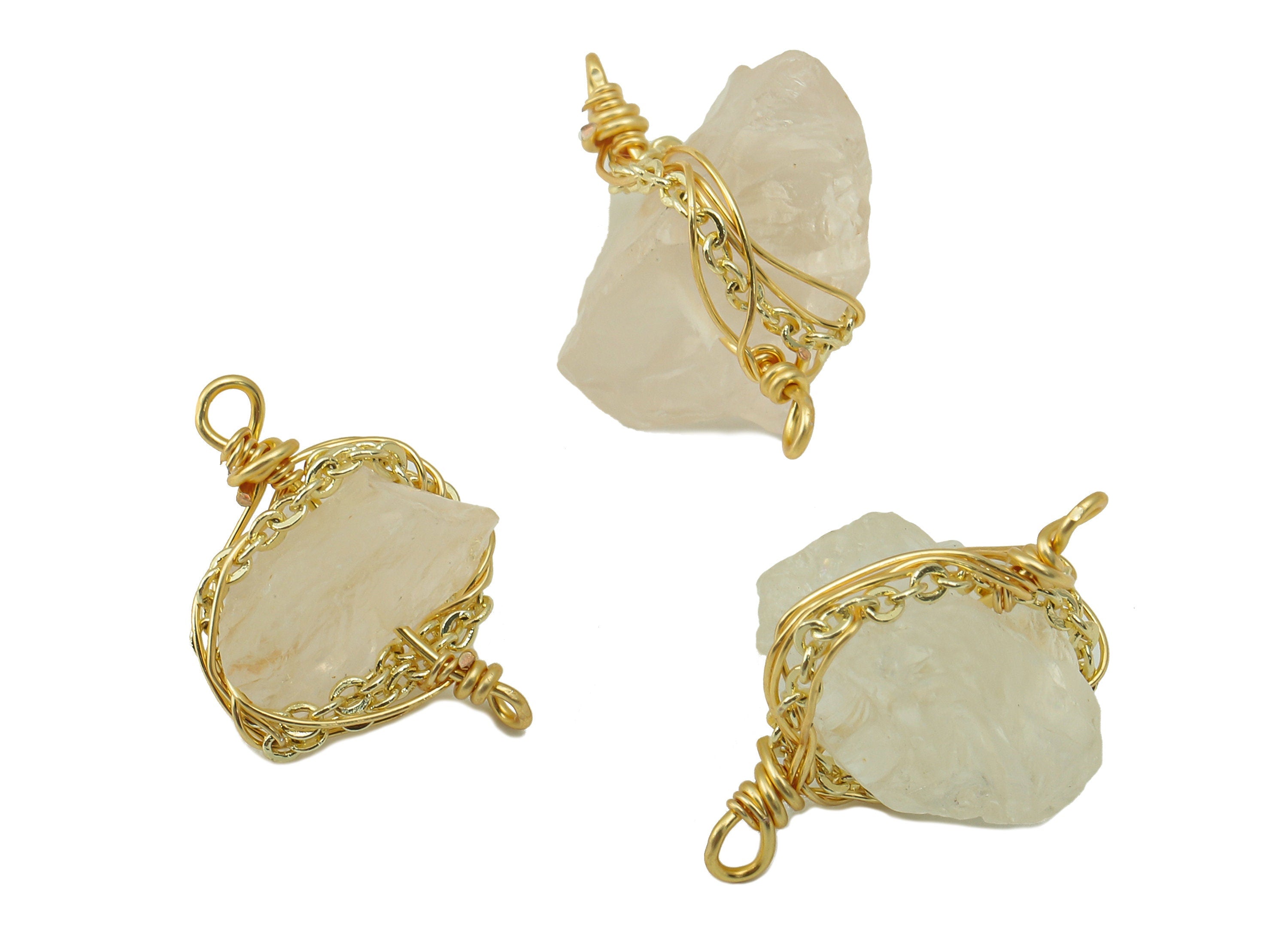 Rose Quartz Earring Charms - Brass Wire Wrapped Pendant - Crystal Healing - Natural Stone Connector - Gold Tone Plated -12x11.8x5mm-NS1893A - DOMEDBAZAAR