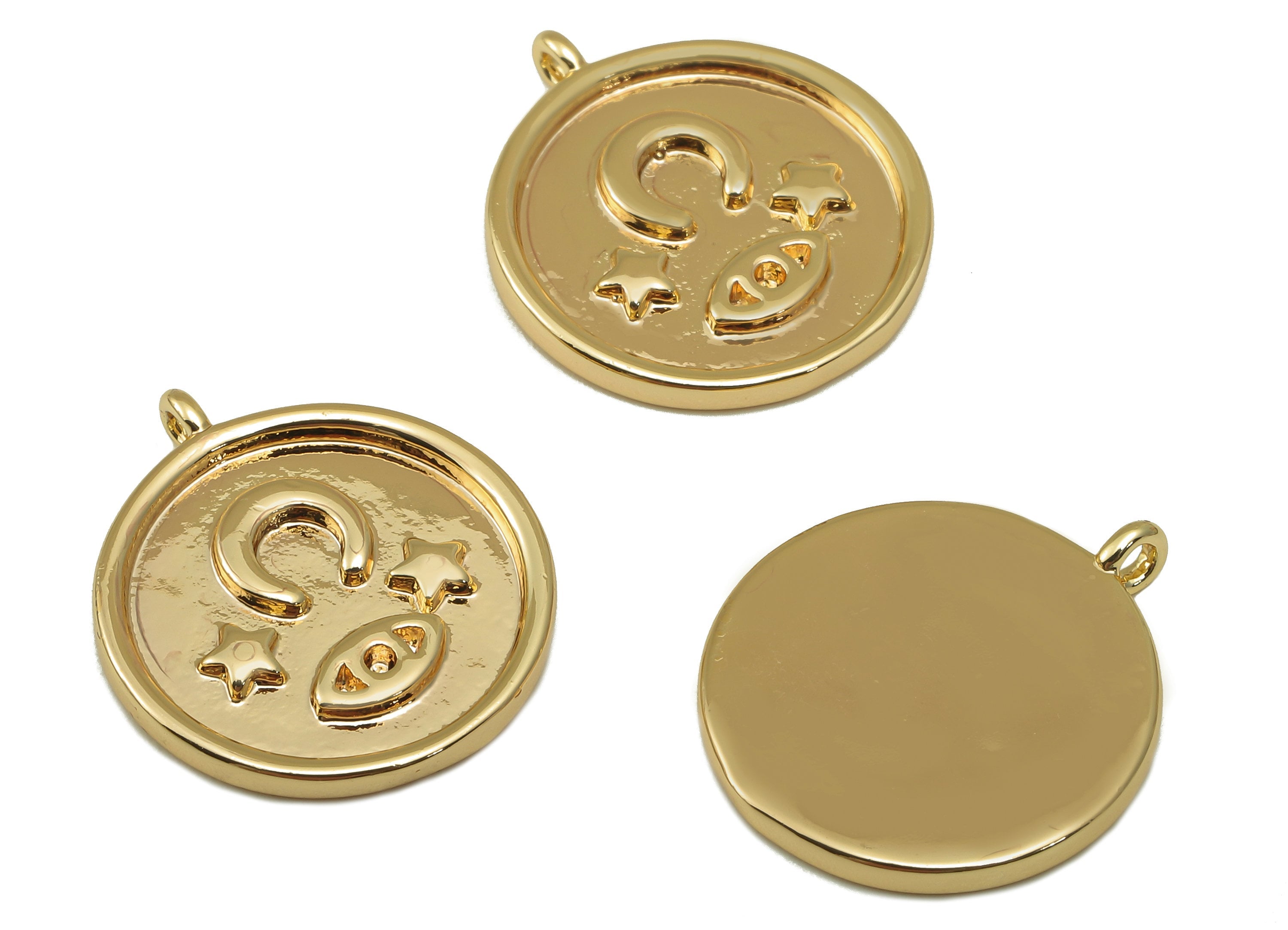Brass Round Earring Charm - Brass Crescent Star Earrings - Gold Eye Pendant  - For Necklace - Jewelry Making - 20.03x 17.43x 1.76mm-RGP6664 - DOMEDBAZAAR