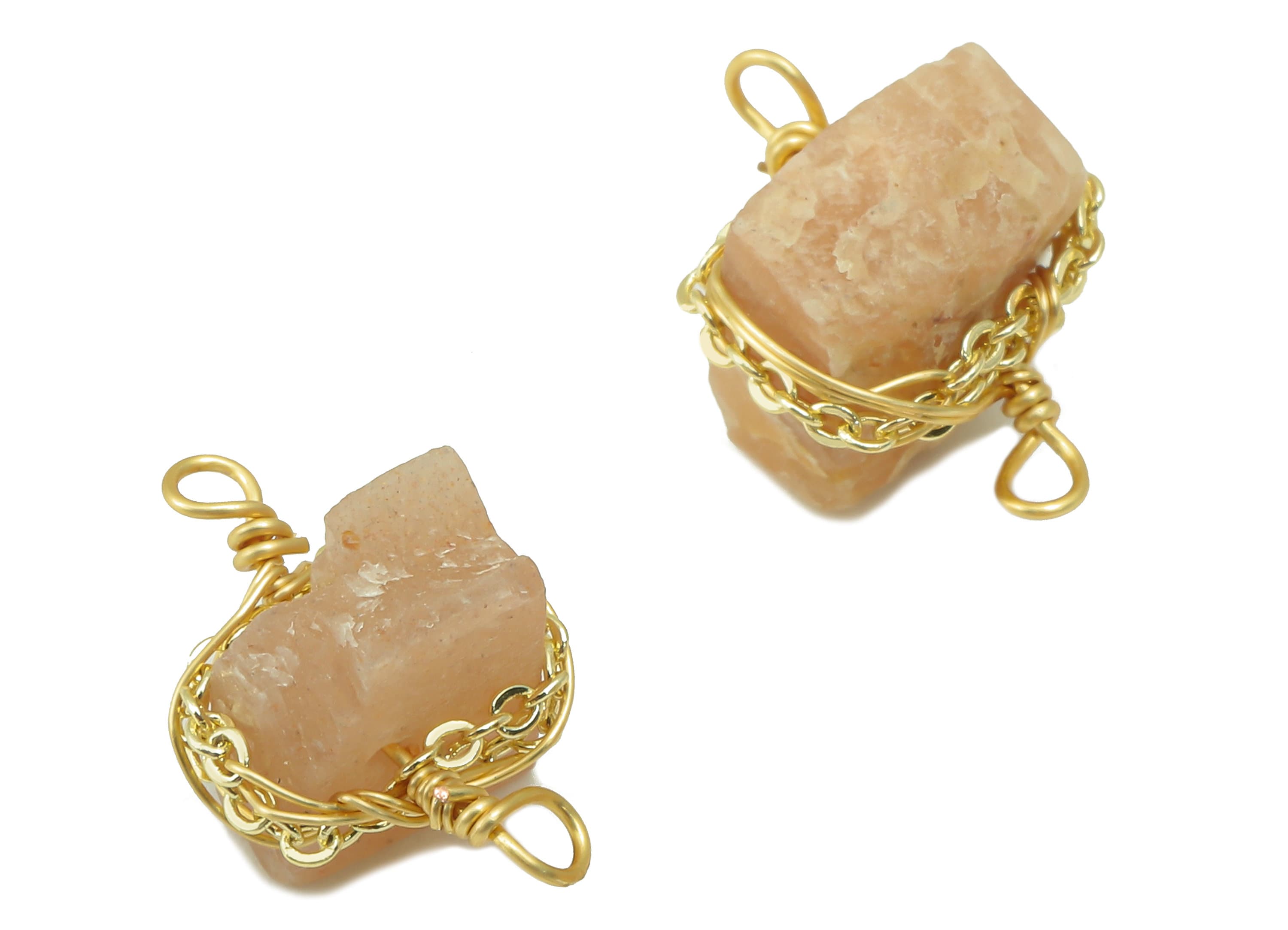 Peach moonstone Earring Charm - Brass Wire Wrapped Pendant - Crystal Healing - Natural Stone Connector - Gold Tone Plated -16x10x5mm-NS1893B - DOMEDBAZAAR