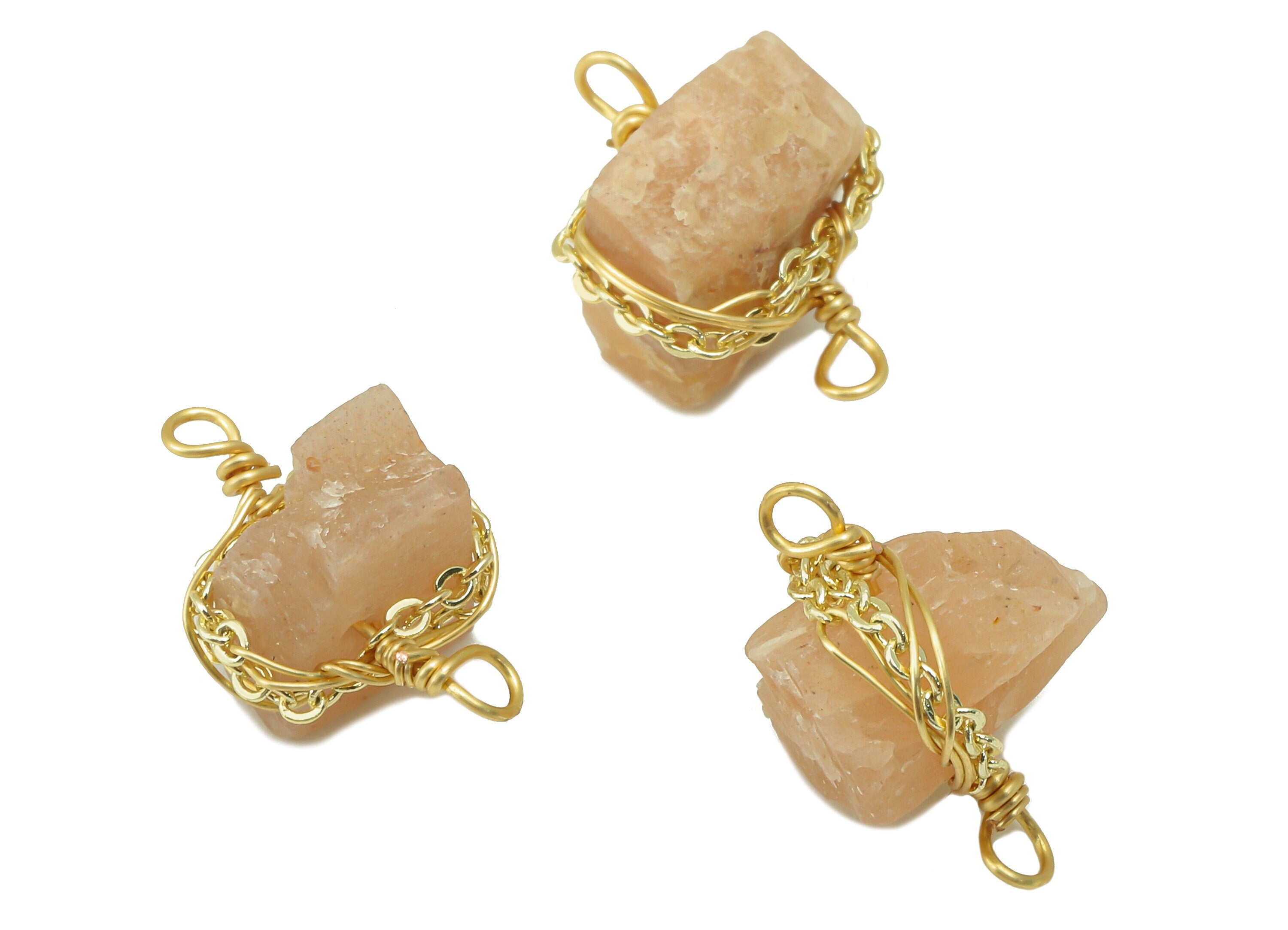 Peach moonstone Earring Charm - Brass Wire Wrapped Pendant - Crystal Healing - Natural Stone Connector - Gold Tone Plated -16x10x5mm-NS1893B - DOMEDBAZAAR