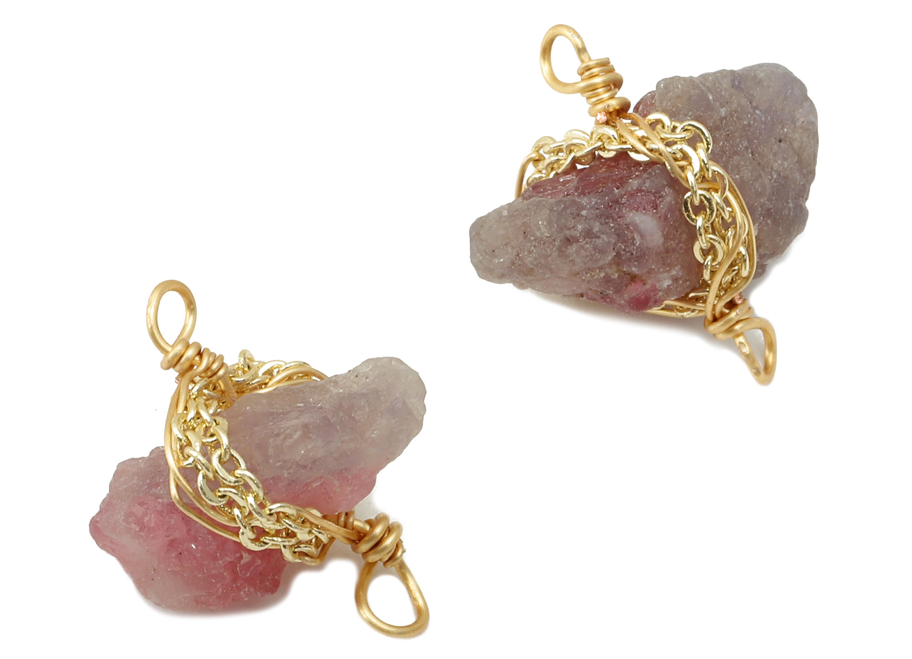 Tourmaline Earring Charm - Brass Wire Wrapped Pendant - Crystal Healing - Natural Stone Connector - Gold Tone Plated -12x 17x7.49mm-NS1893D - DOMEDBAZAAR