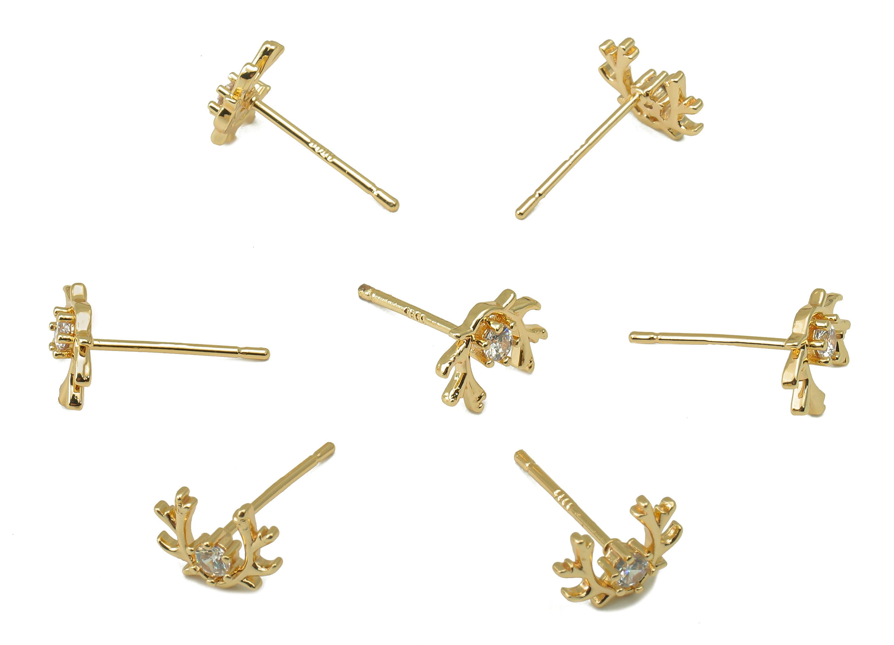 Brass Antler Earring Post - Cubic Zirconia Olive Branch Earring Stud -18k real gold-plated brass-Jewely Making Supplies -7x9x2.8mm- RGP6148 - DOMEDBAZAAR
