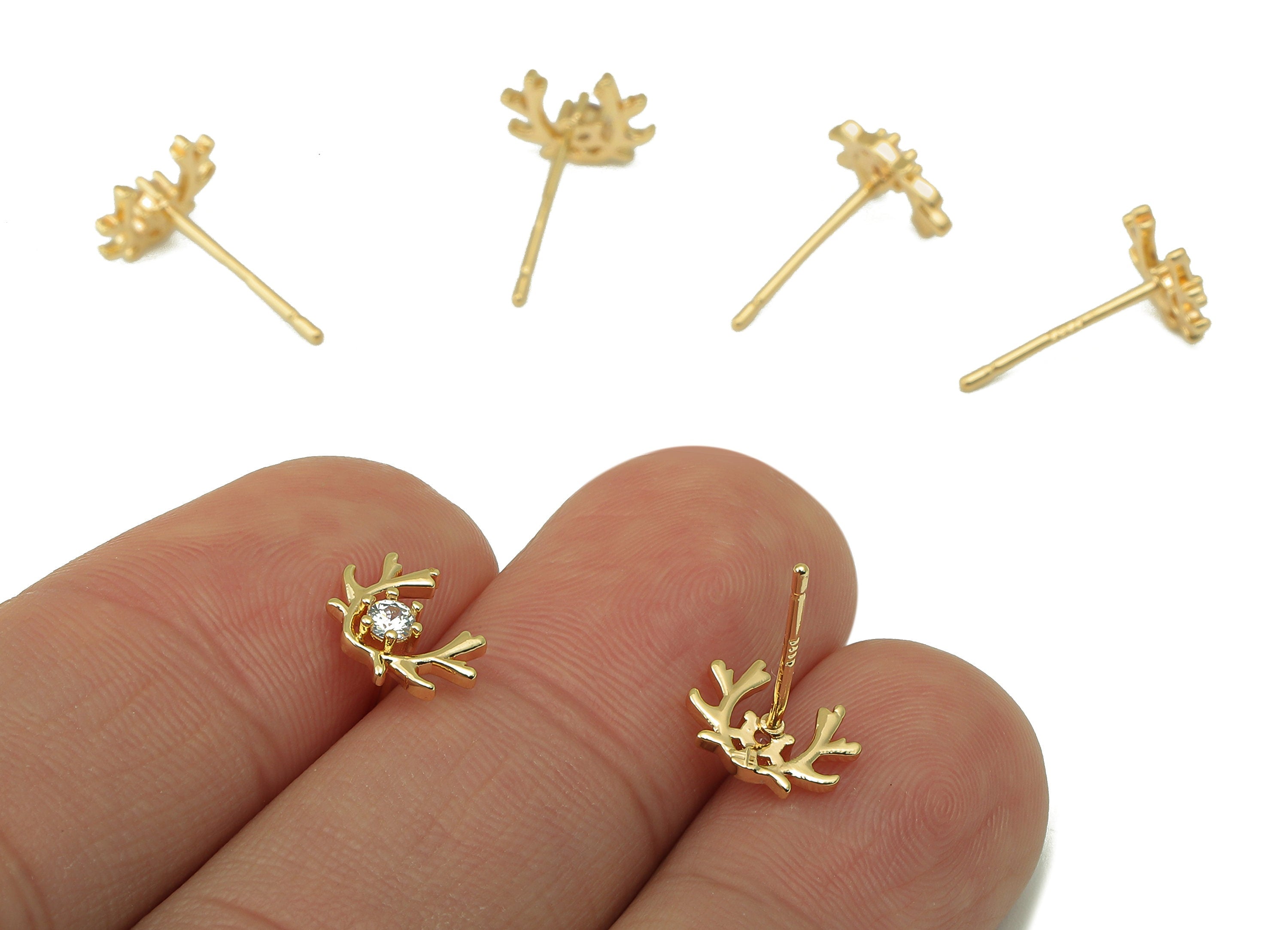 Brass Antler Earring Post - Cubic Zirconia Olive Branch Earring Stud -18k real gold-plated brass-Jewely Making Supplies -7x9x2.8mm- RGP6148 - DOMEDBAZAAR