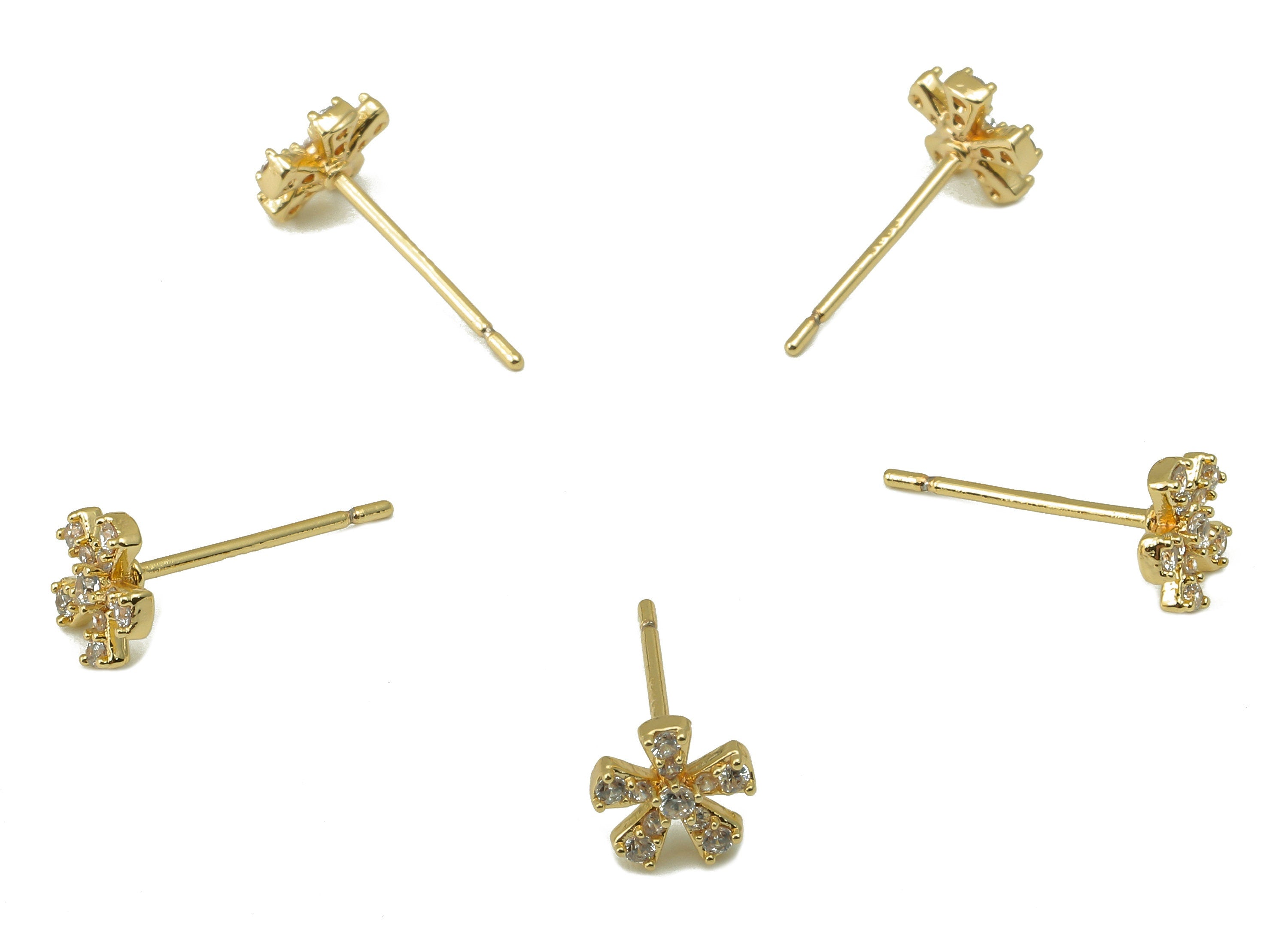Brass Flower Earring Stud -Cubic Zirconia Snowflake Earring Post - CZ Botanical Stud Earring - 18k real gold-plated brass-13x12x1mm- RGP6149 - DOMEDBAZAAR