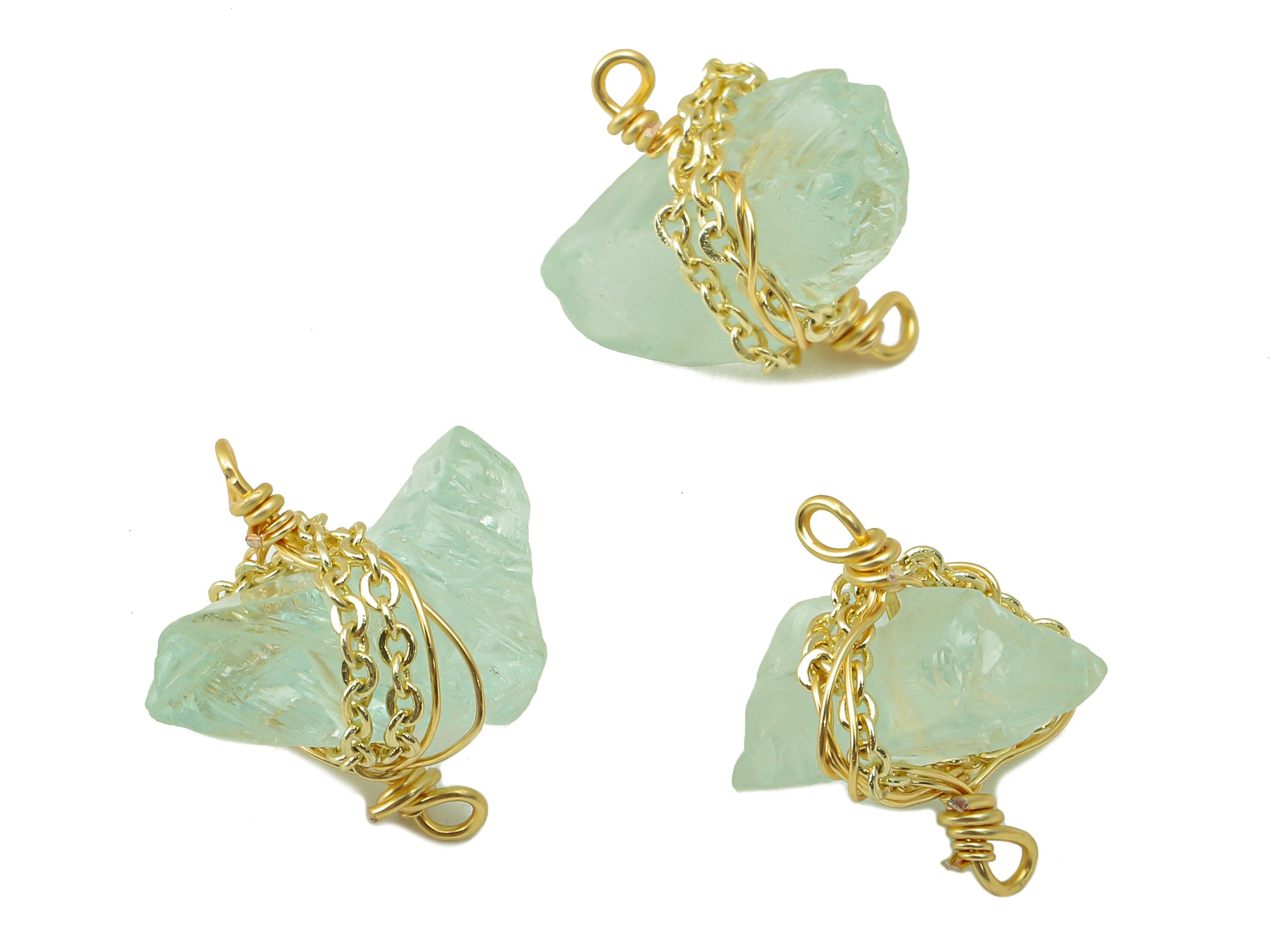 Aquamarine Earring Charm - Brass Wire Wrapped Pendant - Connector - Natural Stone - Gold Tone Plated -14.6x16.16x9mm-NS1893F - DOMEDBAZAAR