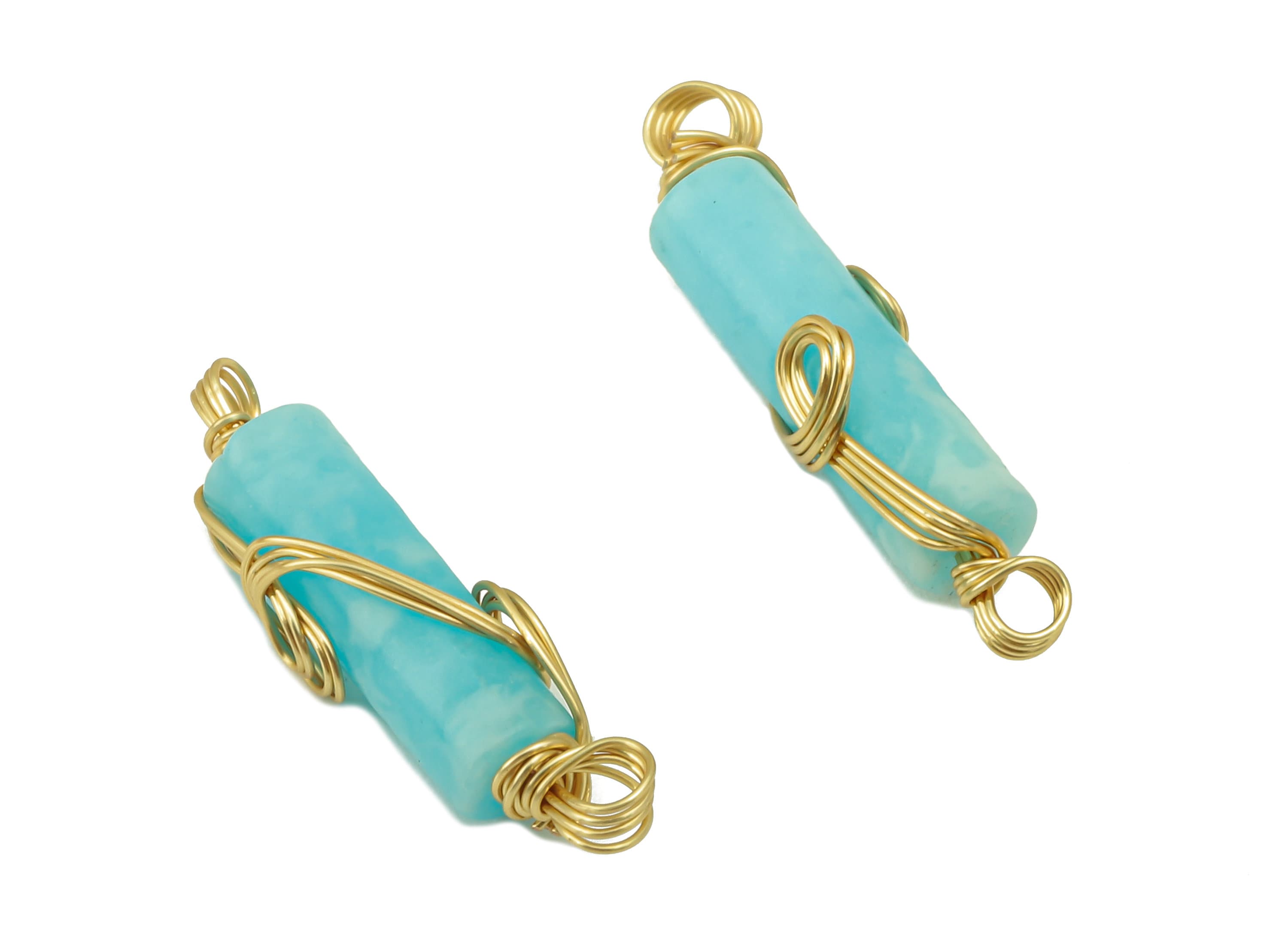 larimar Earring Charm - Brass Wire Wrapped Pendant - Cylinder Connector - Cylinder Natural Stone - Gold Tone Plated -22.6x4.75x4.1mm-NS1894A - DOMEDBAZAAR