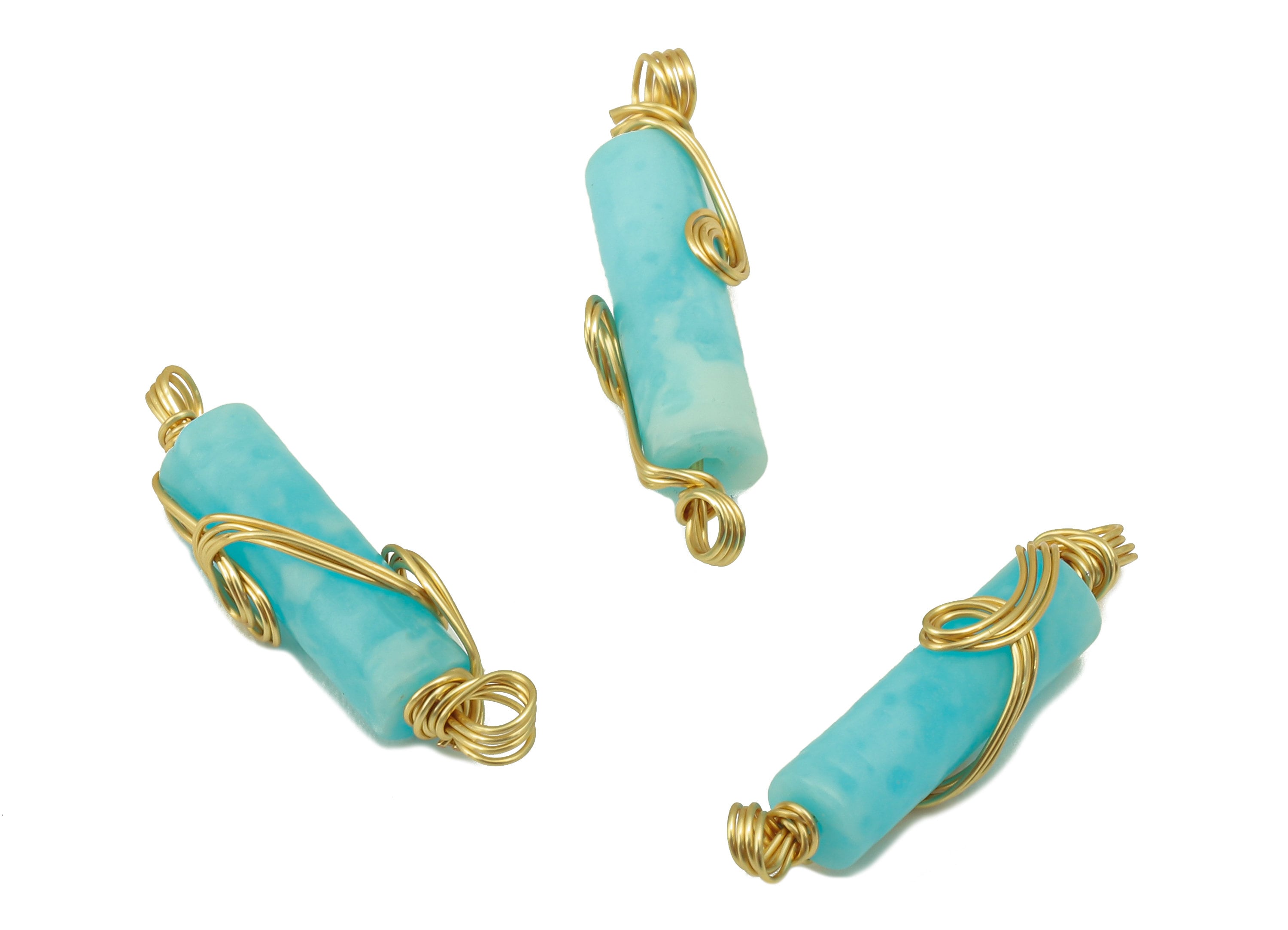 larimar Earring Charm - Brass Wire Wrapped Pendant - Cylinder Connector - Cylinder Natural Stone - Gold Tone Plated -22.6x4.75x4.1mm-NS1894A - DOMEDBAZAAR