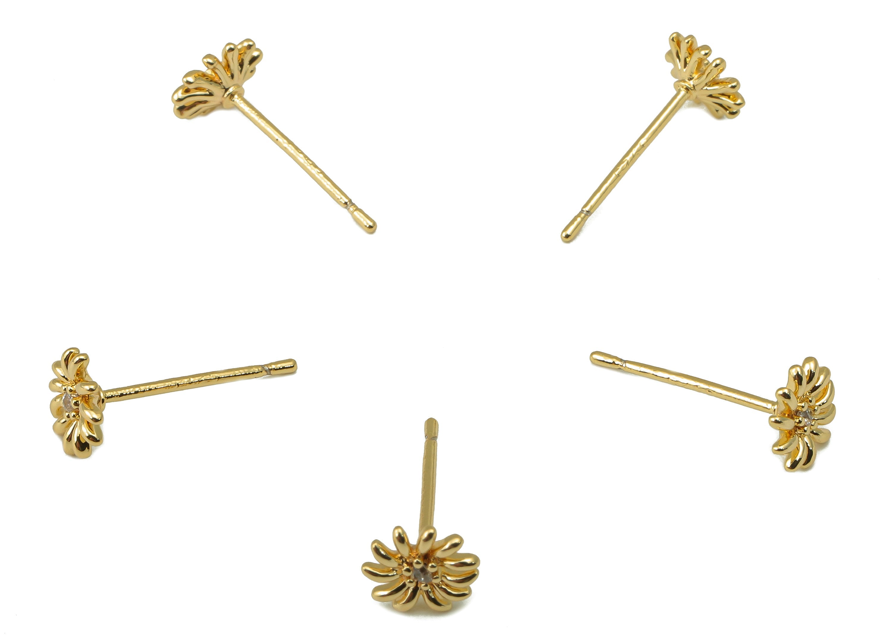 Brass Flower Earrings Stud - Gold Daisy with Cubic Zirconia Earring Post - Stud Earring - 18k real gold-plated brass-14x6x1.8mm- RGP6150 - DOMEDBAZAAR