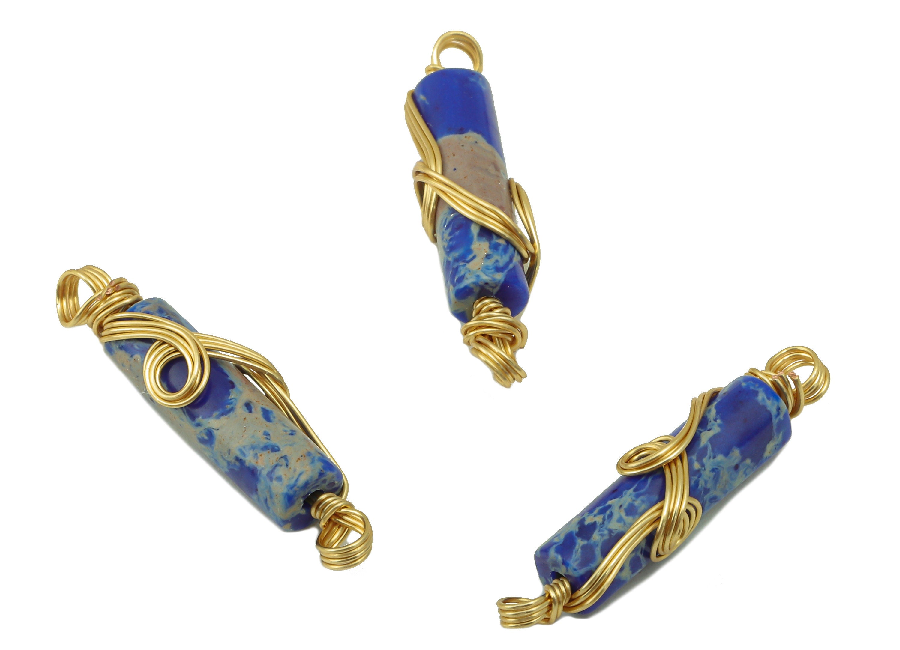 Natural Stone Earring Charm - Brass Wire Wrapped Pendant - Blue Cylinder Natural Stone Connector - Gold Tone Plated -22 x4.8x 3.97mm-NS1894E - DOMEDBAZAAR