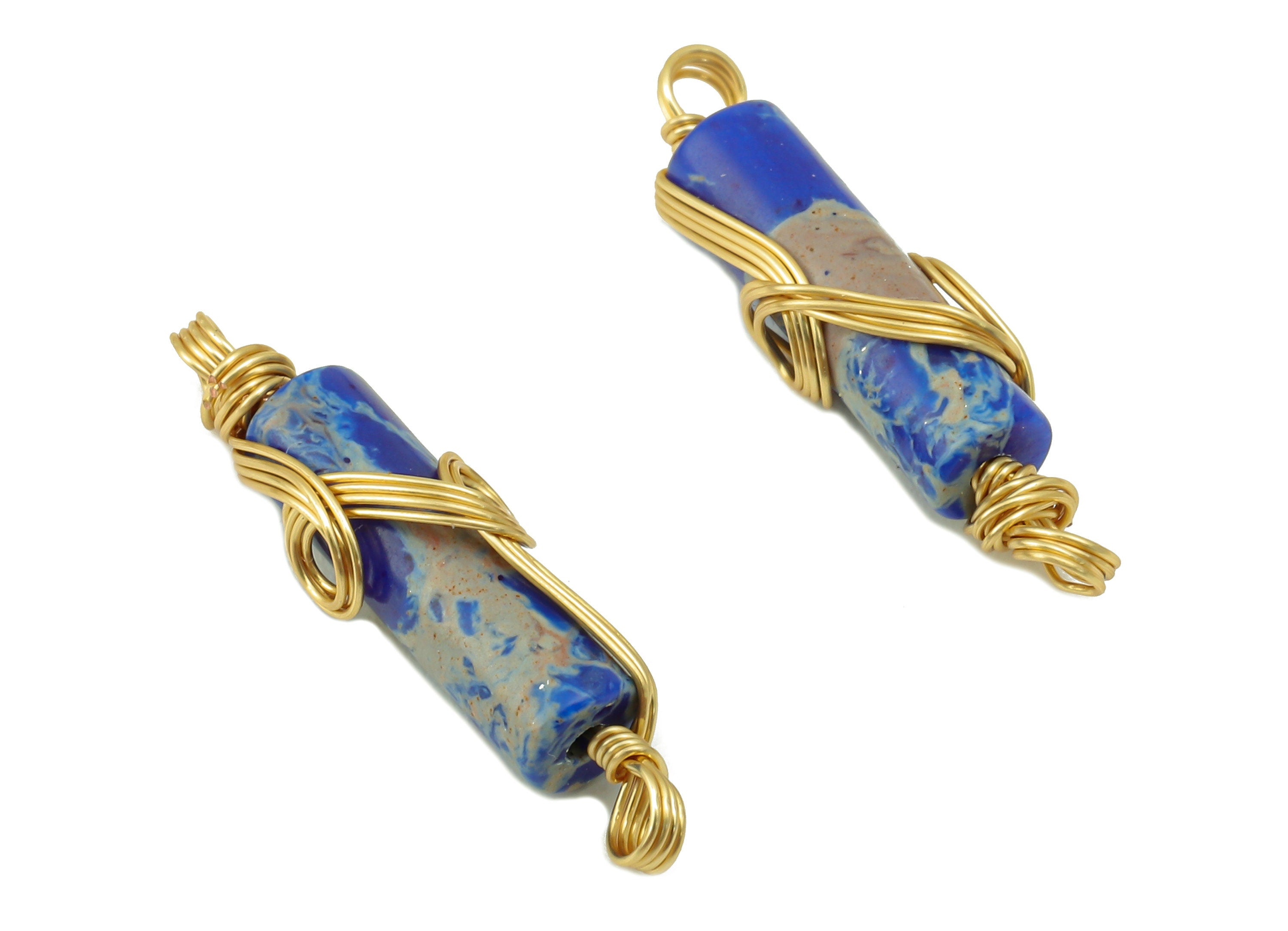 Natural Stone Earring Charm - Brass Wire Wrapped Pendant - Blue Cylinder Natural Stone Connector - Gold Tone Plated -22 x4.8x 3.97mm-NS1894E - DOMEDBAZAAR