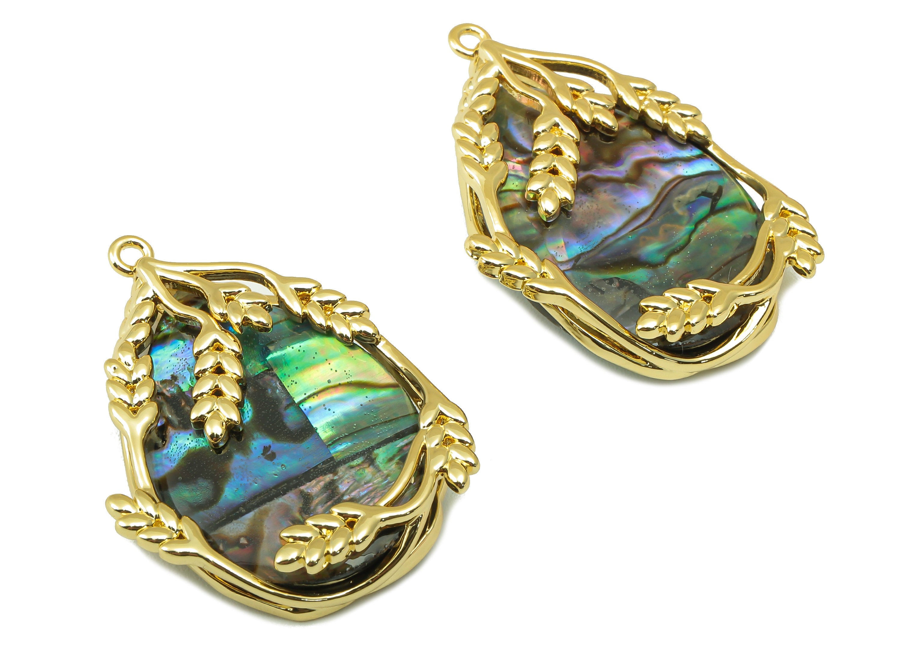 Abalone Earring Charm - Abalone Pedant - Ear of Wheat Earring Charm - Natural Stone - Gold Tone Plated - 31.7 x 22.77 x 3.29mm-NS1905 - DOMEDBAZAAR