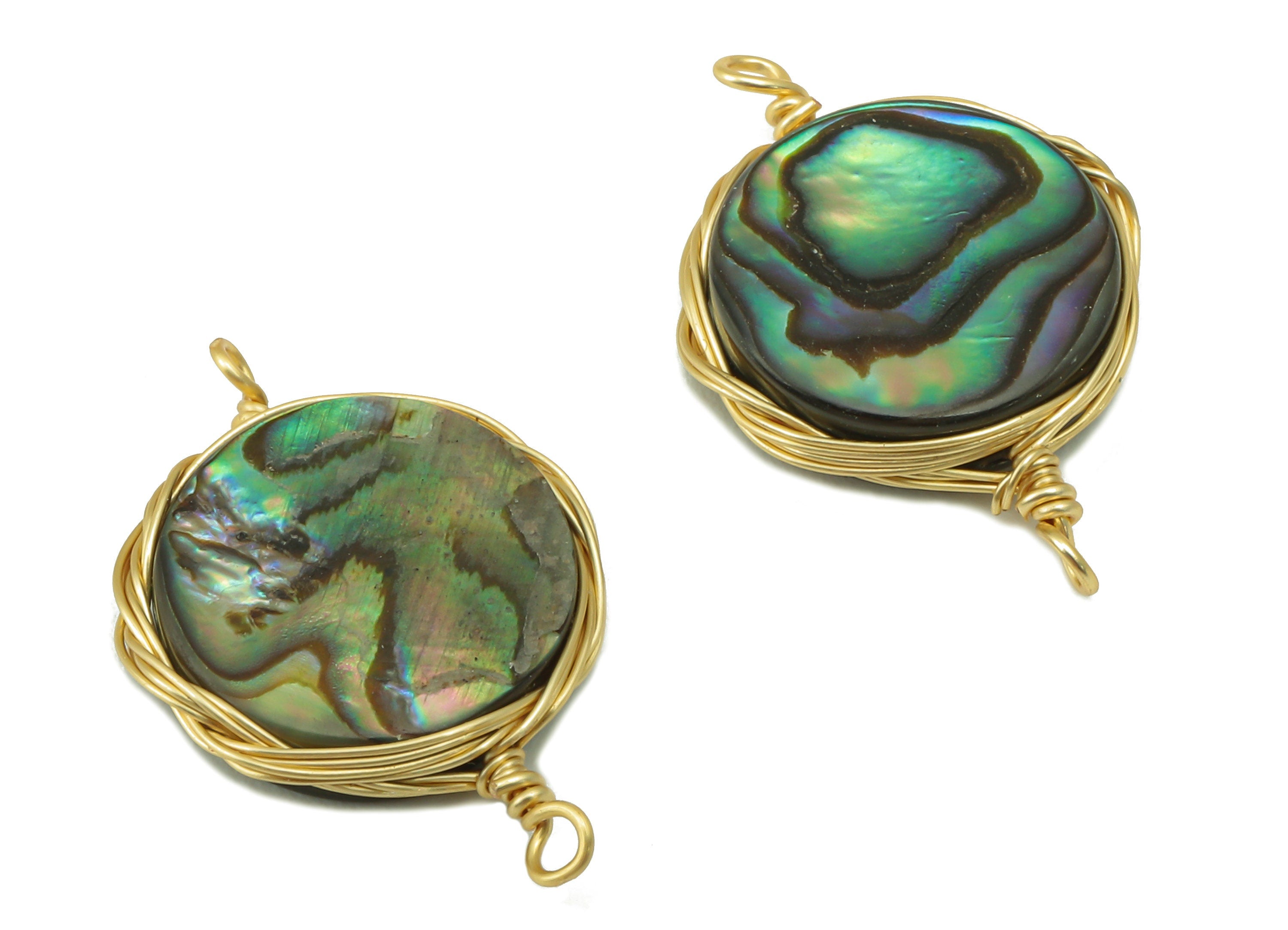 brass Abalone Earring Connector - Brass Rectangle Abalone Pendant - Brass Wire Wrapped Natural Stone - Gold Tone Plated - 20x14x3.5mm-NS1906 - DOMEDBAZAAR