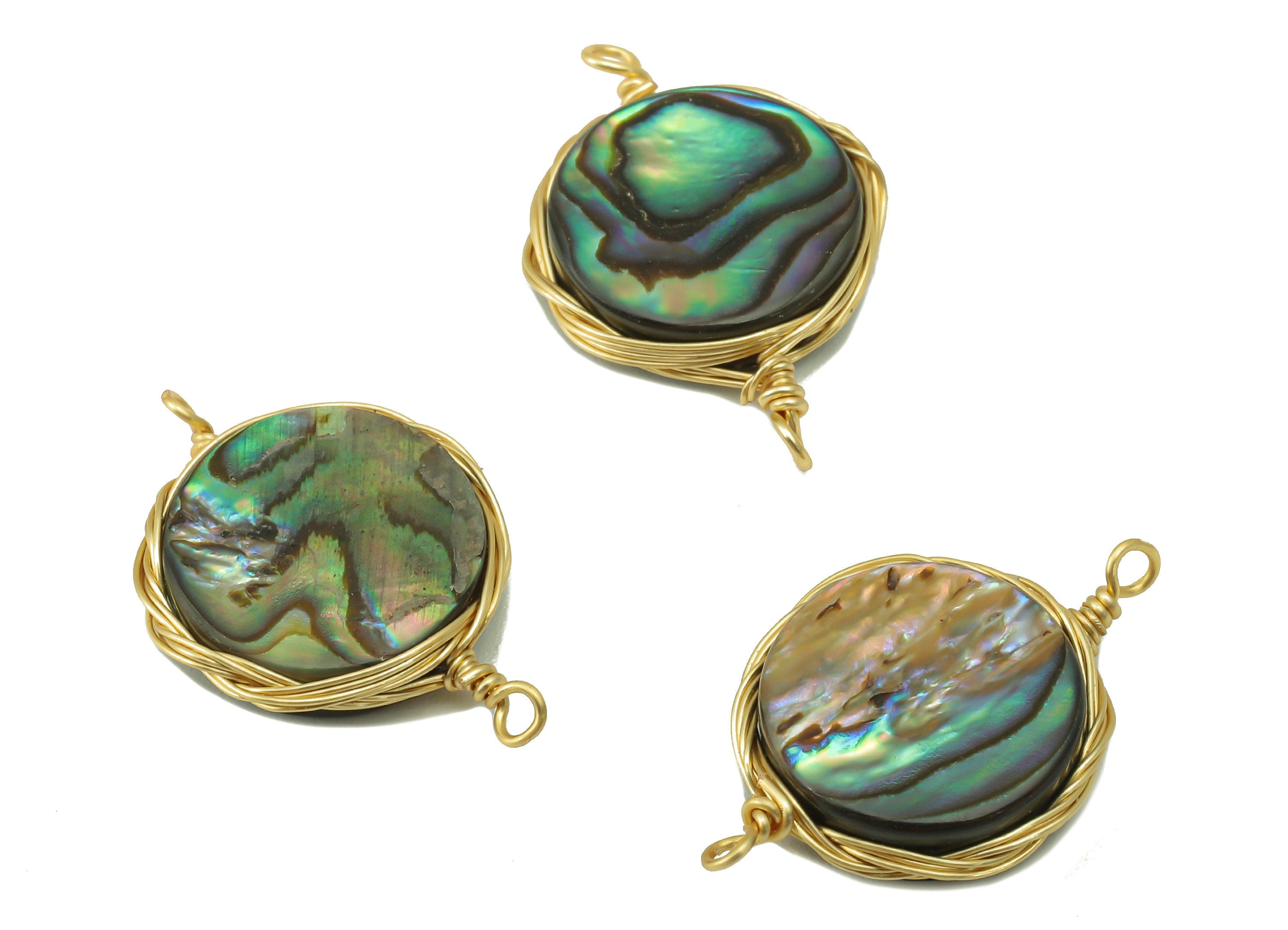 brass Abalone Earring Connector - Brass Rectangle Abalone Pendant - Brass Wire Wrapped Natural Stone - Gold Tone Plated - 20x14x3.5mm-NS1906 - DOMEDBAZAAR