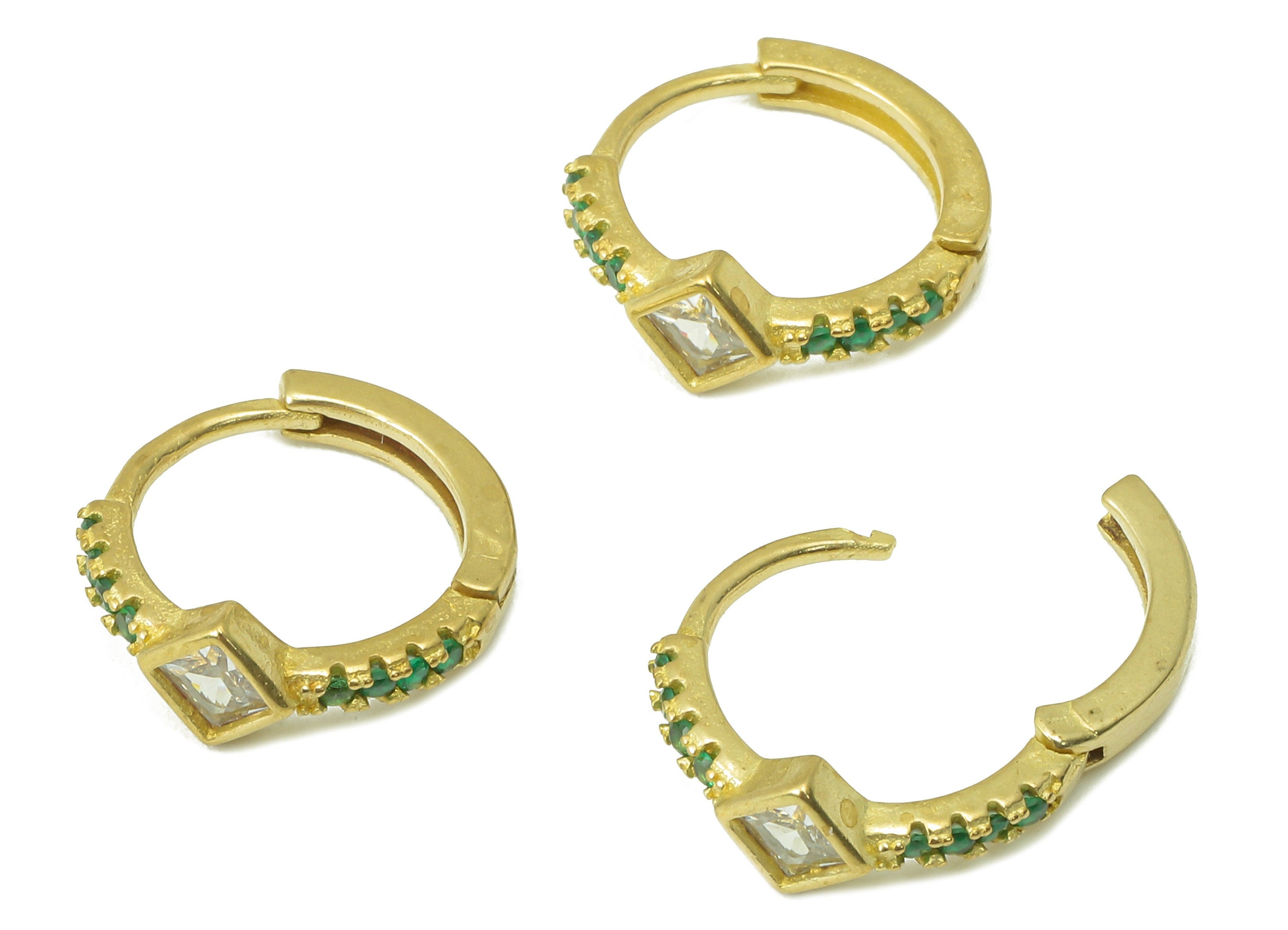 Raw Brass Round Earring - Princess Ring Hoop Huggie Earrings - Brass Green CZ Clasp Earrings - Cubic Zircon - 13.8x12.75x1.88mm- PP8247 - DOMEDBAZAAR