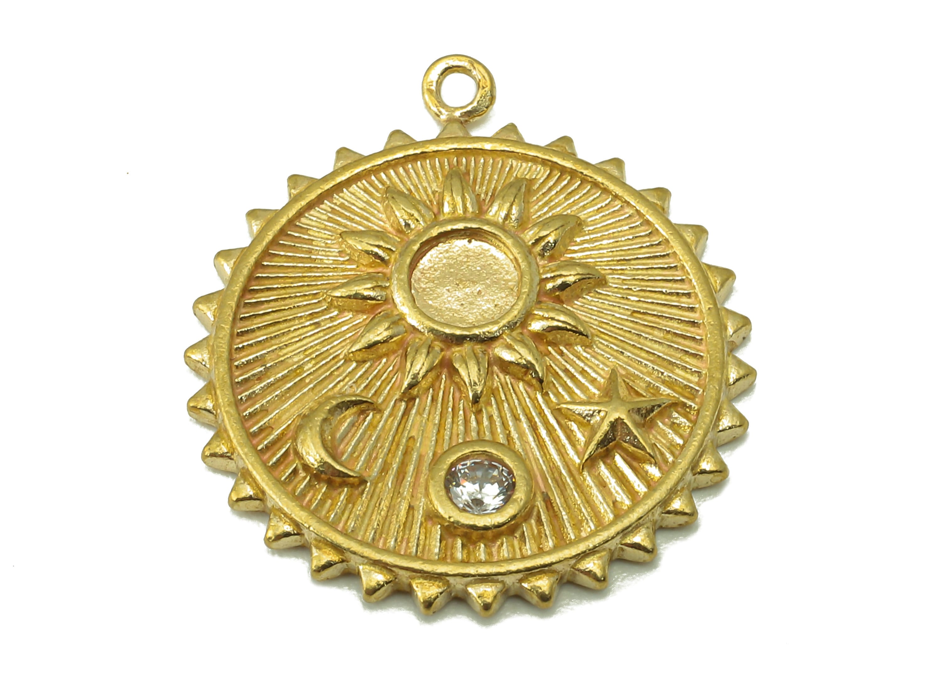 Raw Brass Round Sun Moon Star Earring Charm-Round Zircon Charm For Necklace-Zircon Circle Sun Pendant-For Necklace-22.14x19.46x2.12mm-PP8361 - DOMEDBAZAAR