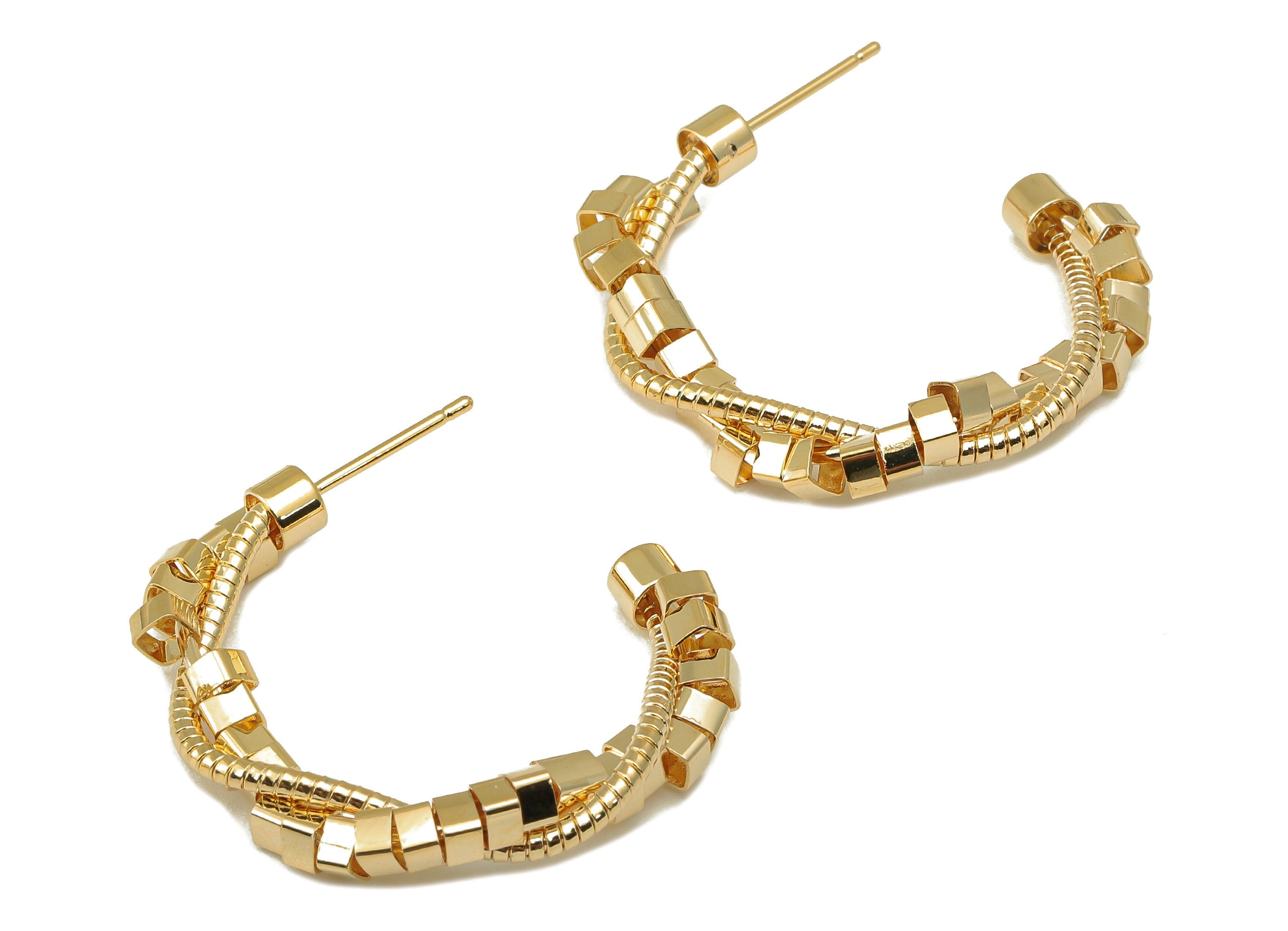 Brass Snake Chain Hoop Earring - Cubes C Hoop Earring - Cube Chain Open Hoop Earring-18k real gold-plated brass- Finding-31x31x4mm- RGP6175 - DOMEDBAZAAR
