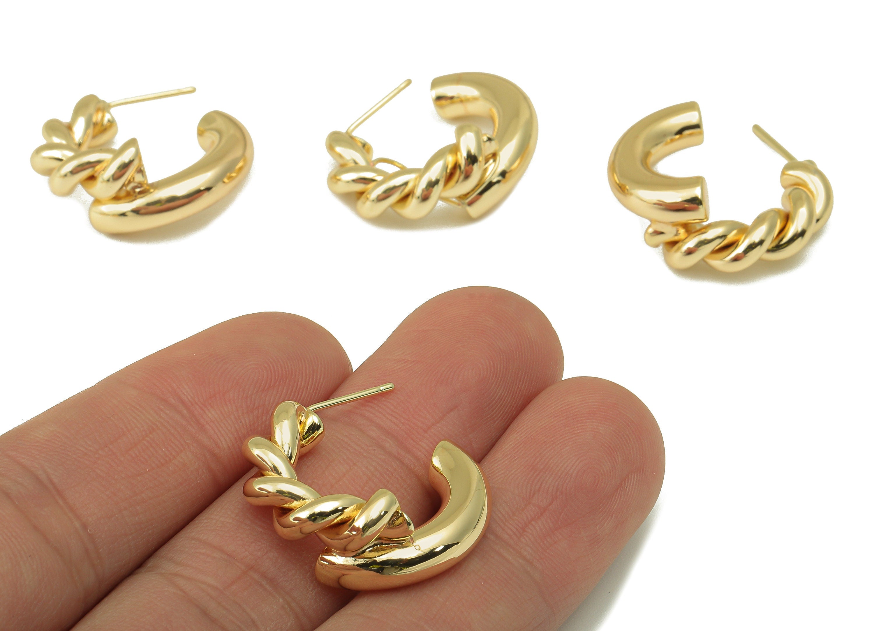 Brass C Earring Stud - Open Hoop Earring - Gold Twisted Earring Post- Halfmoon Twist Earrings-18k real gold-plated brass-25x25x5mm- RGP6176 - DOMEDBAZAAR