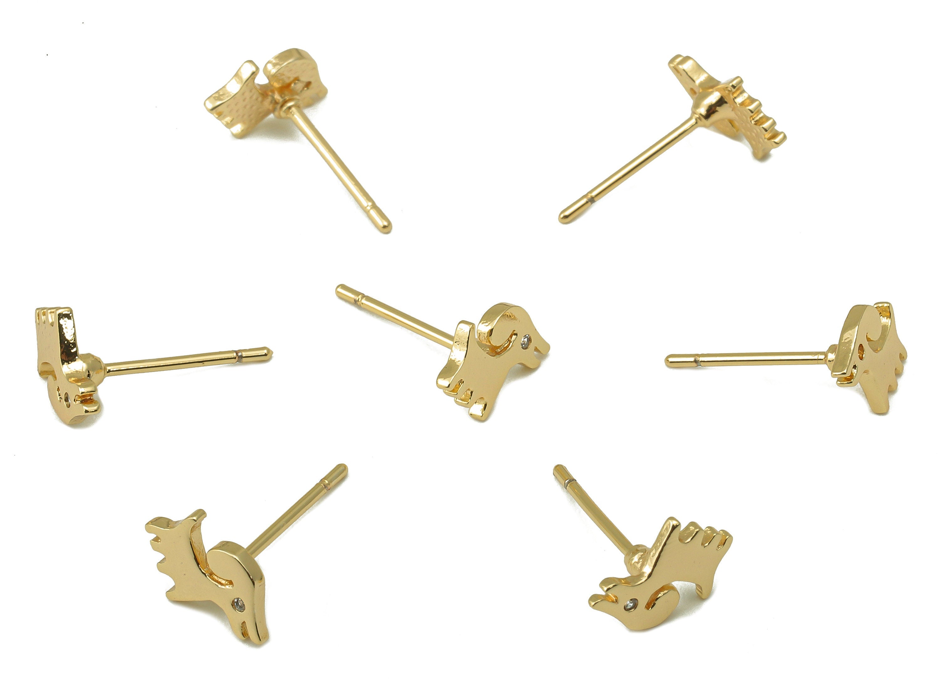 Brass Mini Dog Earring Stud - Gold Dog with Cubic Zirconia Earring Post- 18K Real Gold Plated -Animal Earring Findings- 10x7x1mm- RGP6179 - DOMEDBAZAAR