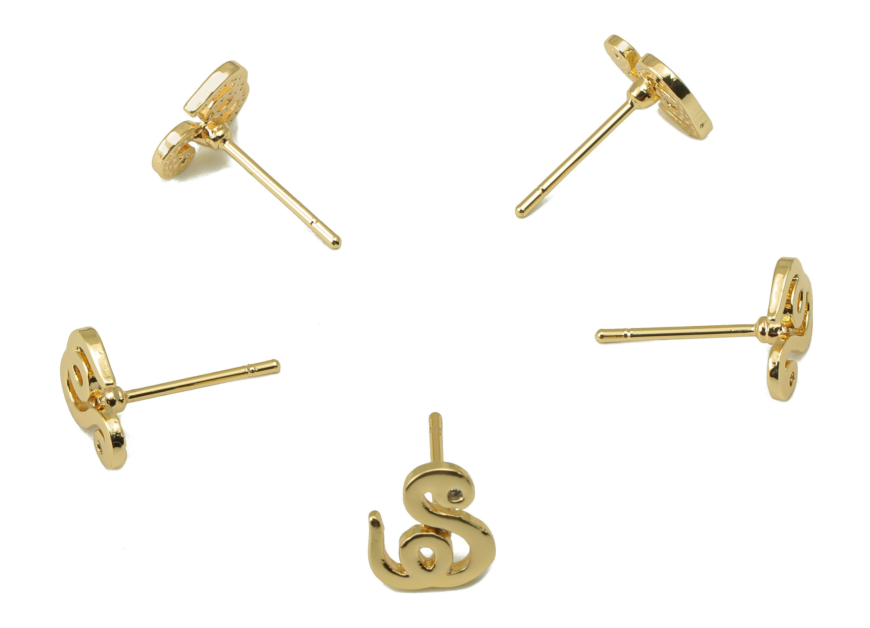 Brass Crooked Snake Earring Stud - Gold Snake with Cubic Zirconia Eyes Earring Post- 18K Real Gold Plated - Findings- 9x8x1mm- RGP6180 - DOMEDBAZAAR