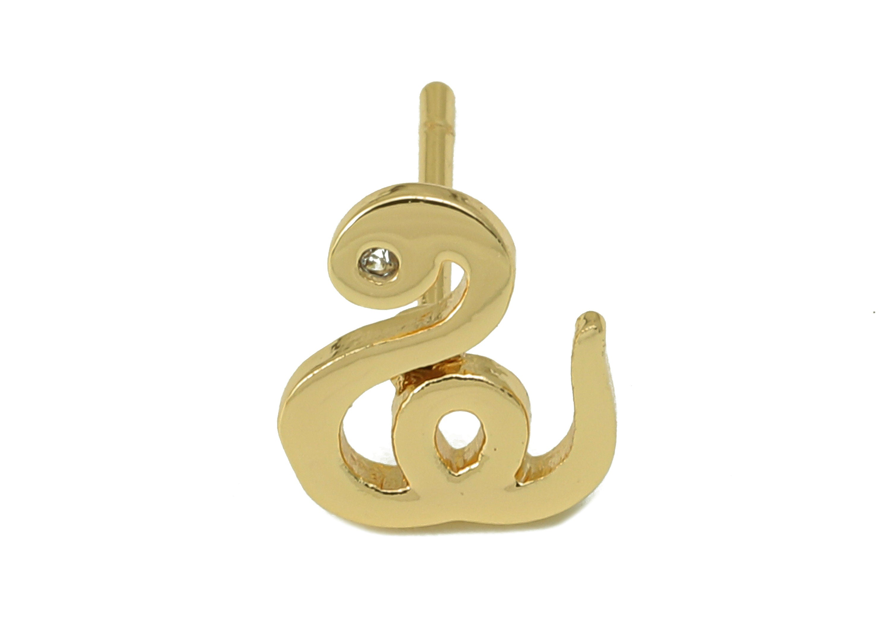 Brass Crooked Snake Earring Stud - Gold Snake with Cubic Zirconia Eyes Earring Post- 18K Real Gold Plated - Findings- 9x8x1mm- RGP6180 - DOMEDBAZAAR