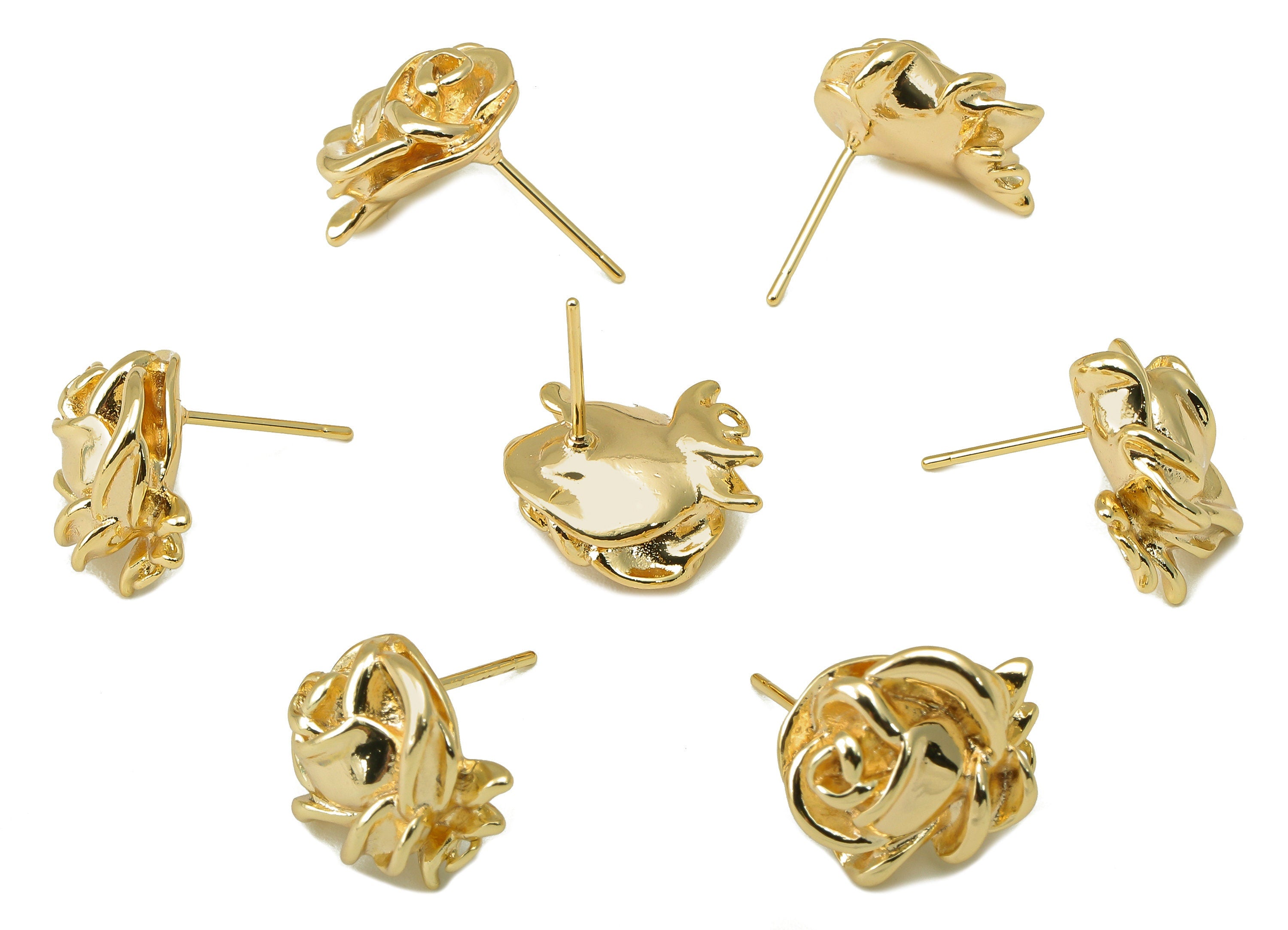 Brass Elegant Rose Earring Stud - Gold Relievo Flower Earring Post with Loop- 18K Real Gold Plated - Earring Findings-14x14x6mm- RGP6181 - DOMEDBAZAAR