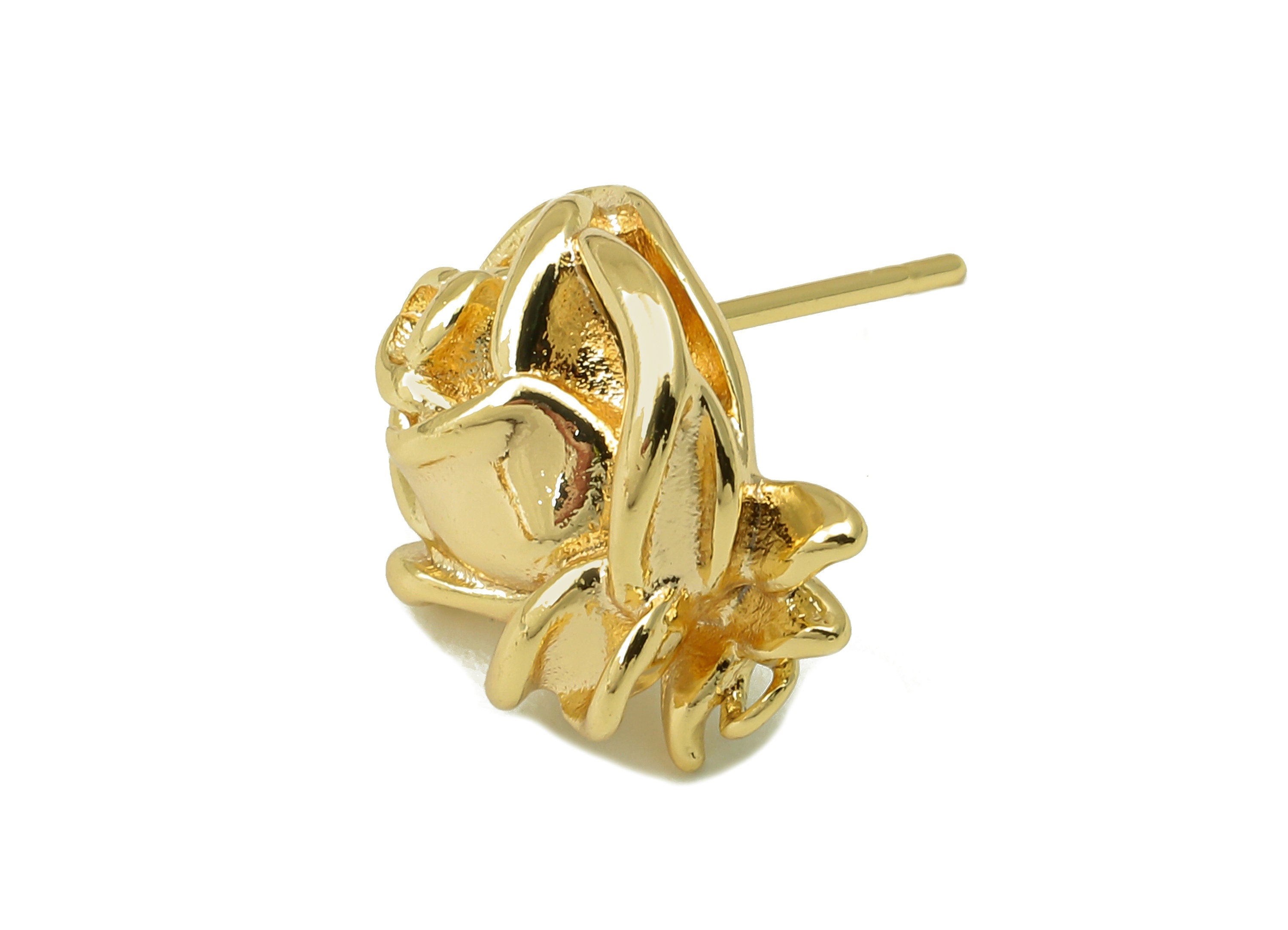 Brass Elegant Rose Earring Stud - Gold Relievo Flower Earring Post with Loop- 18K Real Gold Plated - Earring Findings-14x14x6mm- RGP6181 - DOMEDBAZAAR