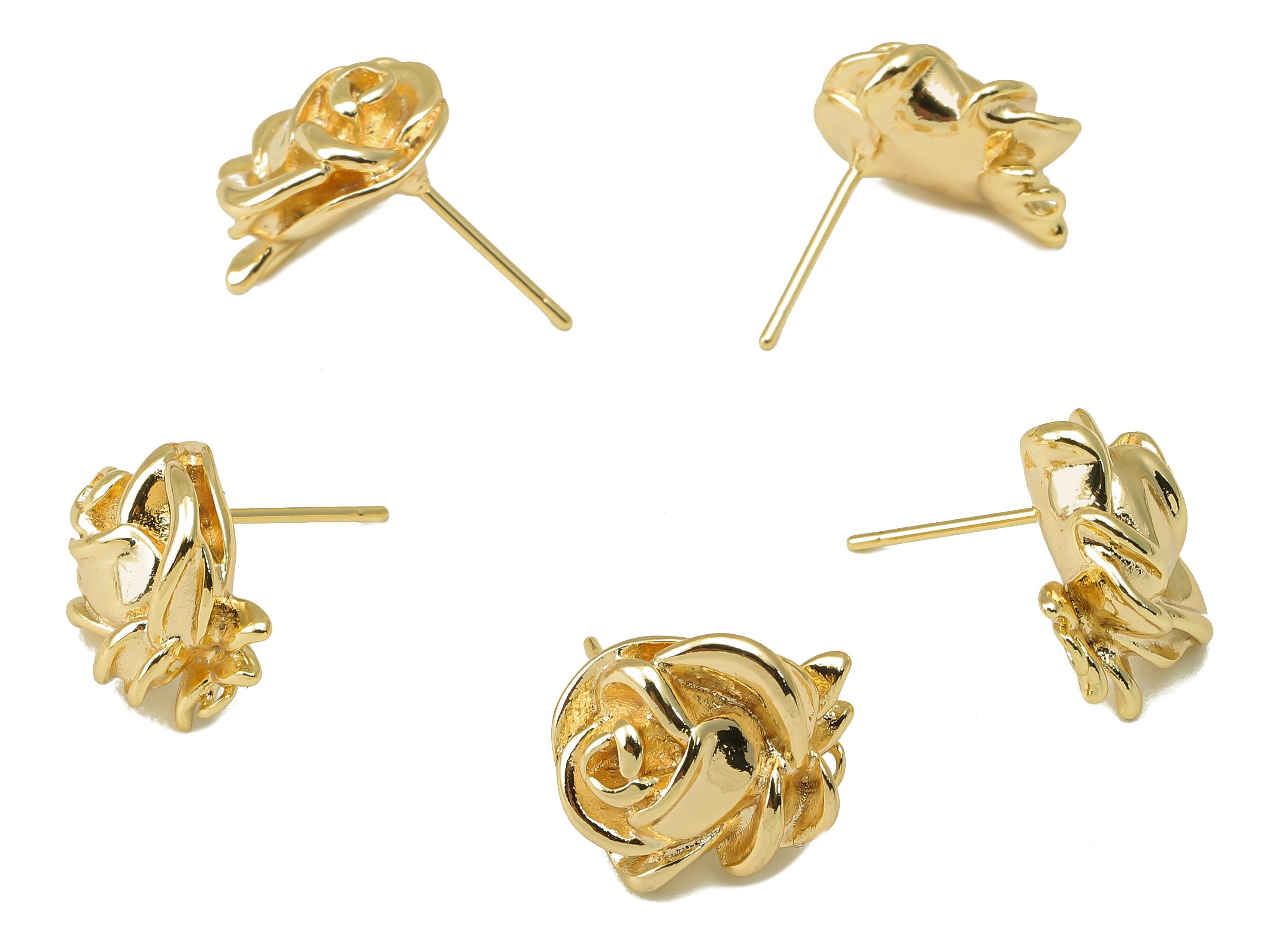 Brass Elegant Rose Earring Stud - Gold Relievo Flower Earring Post with Loop- 18K Real Gold Plated - Earring Findings-14x14x6mm- RGP6181 - DOMEDBAZAAR