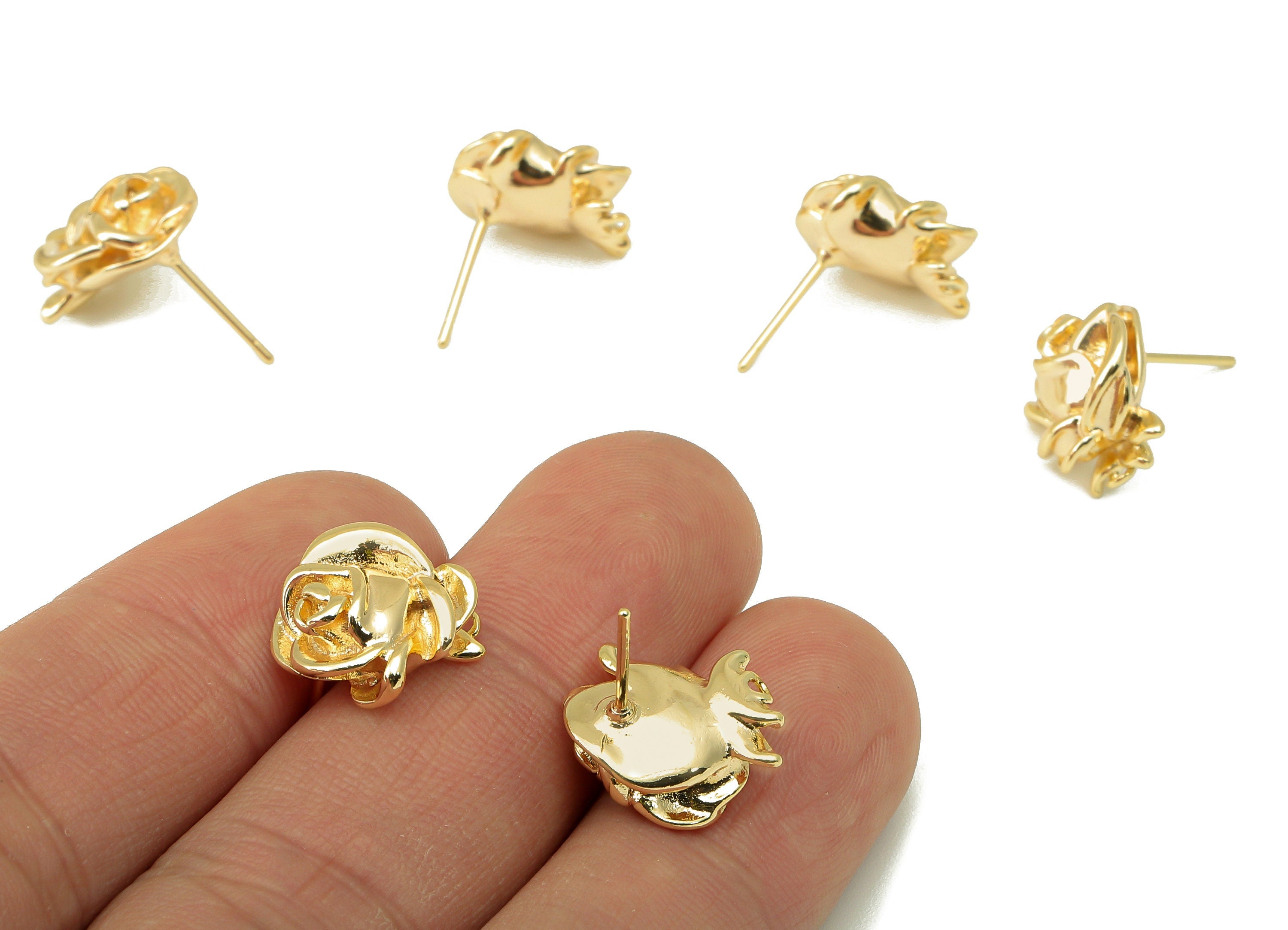 Brass Elegant Rose Earring Stud - Gold Relievo Flower Earring Post with Loop- 18K Real Gold Plated - Earring Findings-14x14x6mm- RGP6181 - DOMEDBAZAAR