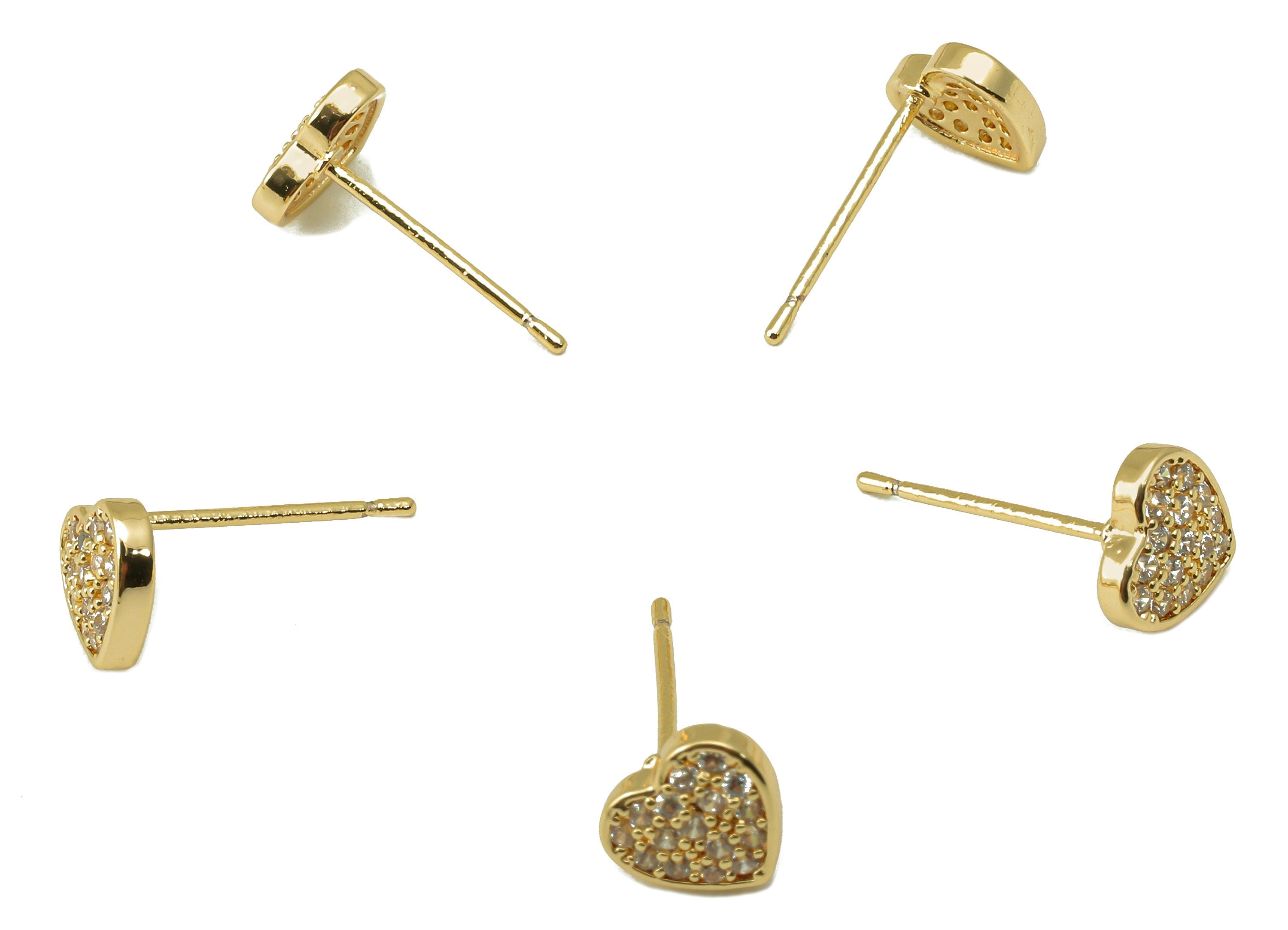 Brass Mini Heart Earring Stud - Gold Heart with Cubic Zirconia Earring Post- 18K Real Gold Plated -CZ Earring Findings- 7x7x2mm- RGP6182 - DOMEDBAZAAR