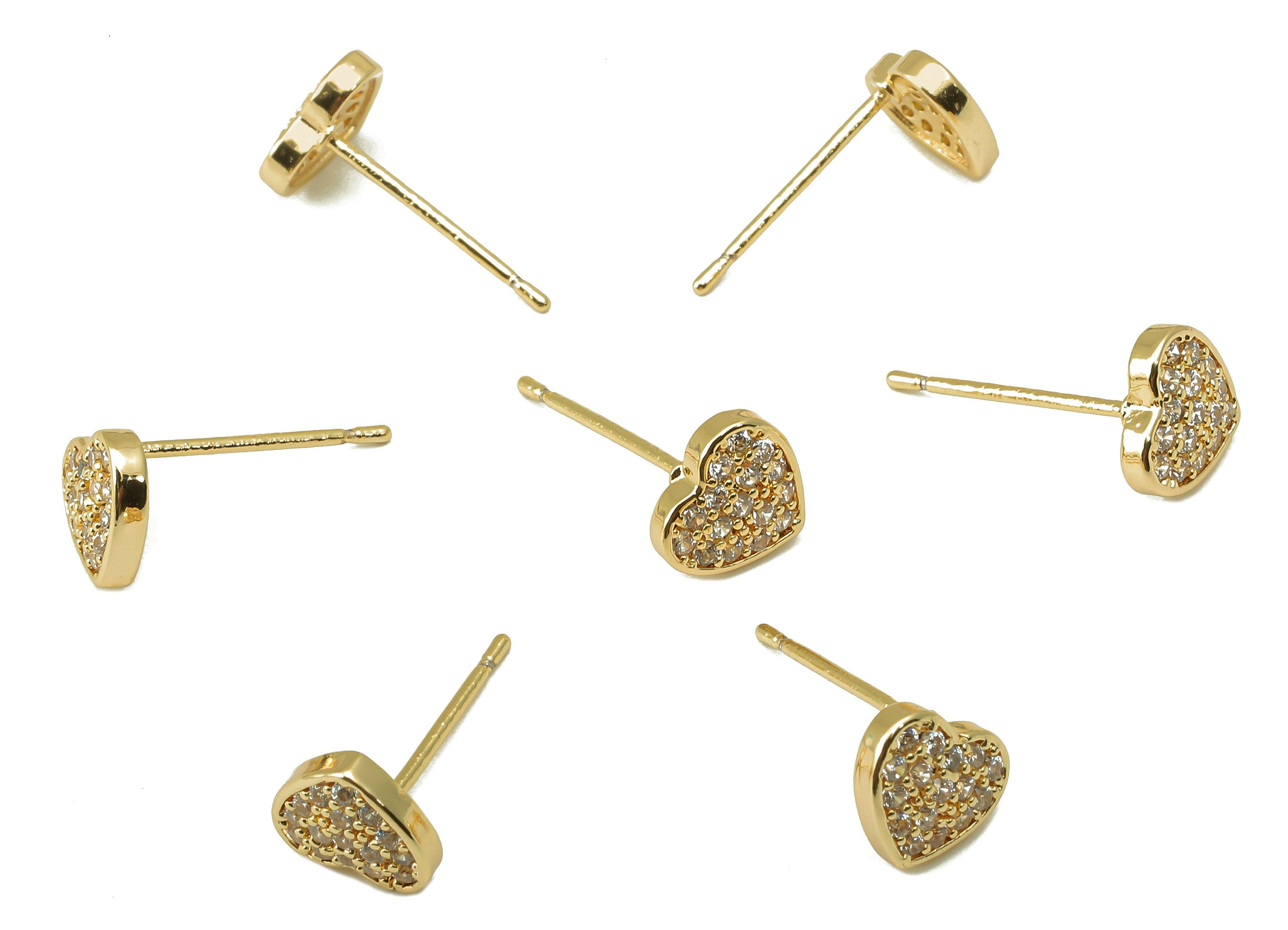 Brass Mini Heart Earring Stud - Gold Heart with Cubic Zirconia Earring Post- 18K Real Gold Plated -CZ Earring Findings- 7x7x2mm- RGP6182 - DOMEDBAZAAR