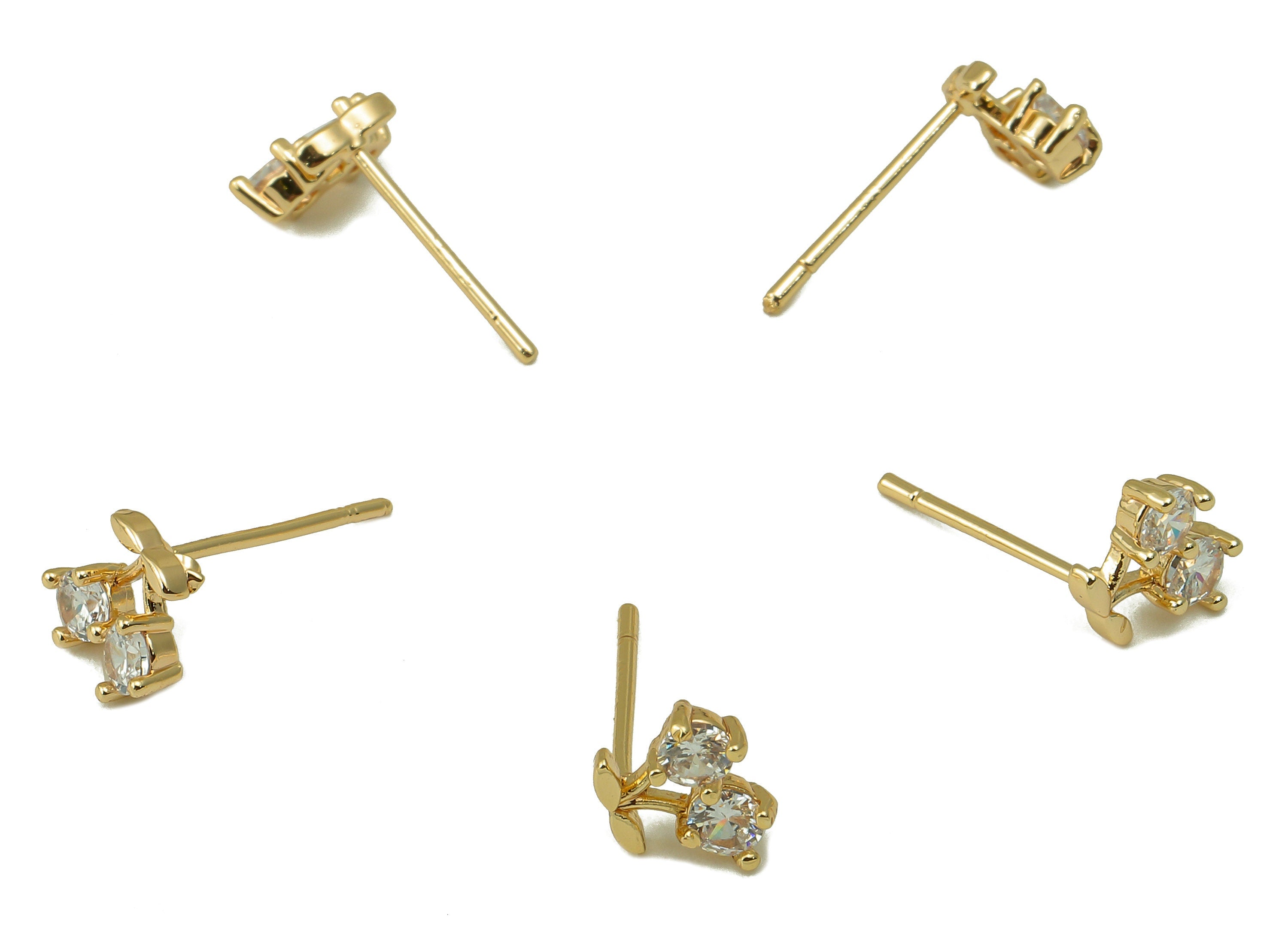 Brass Mini Cherry Earring Stud - Gold Fruit with Cubic Zirconia Earring Post- 18K Real Gold Plated -CZ Earring Findings- 7x8x3mm- RGP6184 - DOMEDBAZAAR